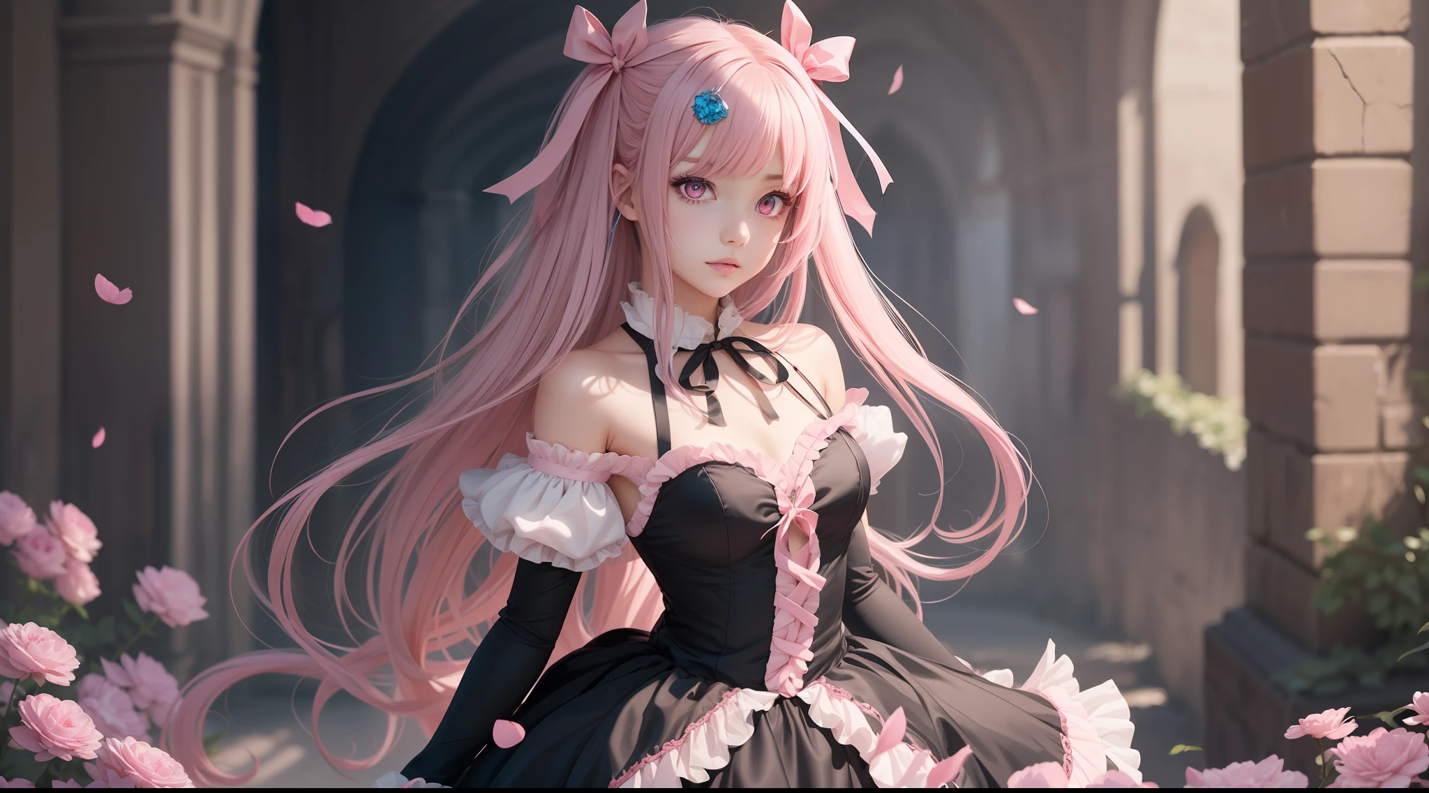 1 girl, solo, pink eyes, blue and pink hair, long hair, two side up, hair ribbon, hair ornament, dark princess dress, neck ribbon, standing, masterpiece, best quality, anime, highly detailed