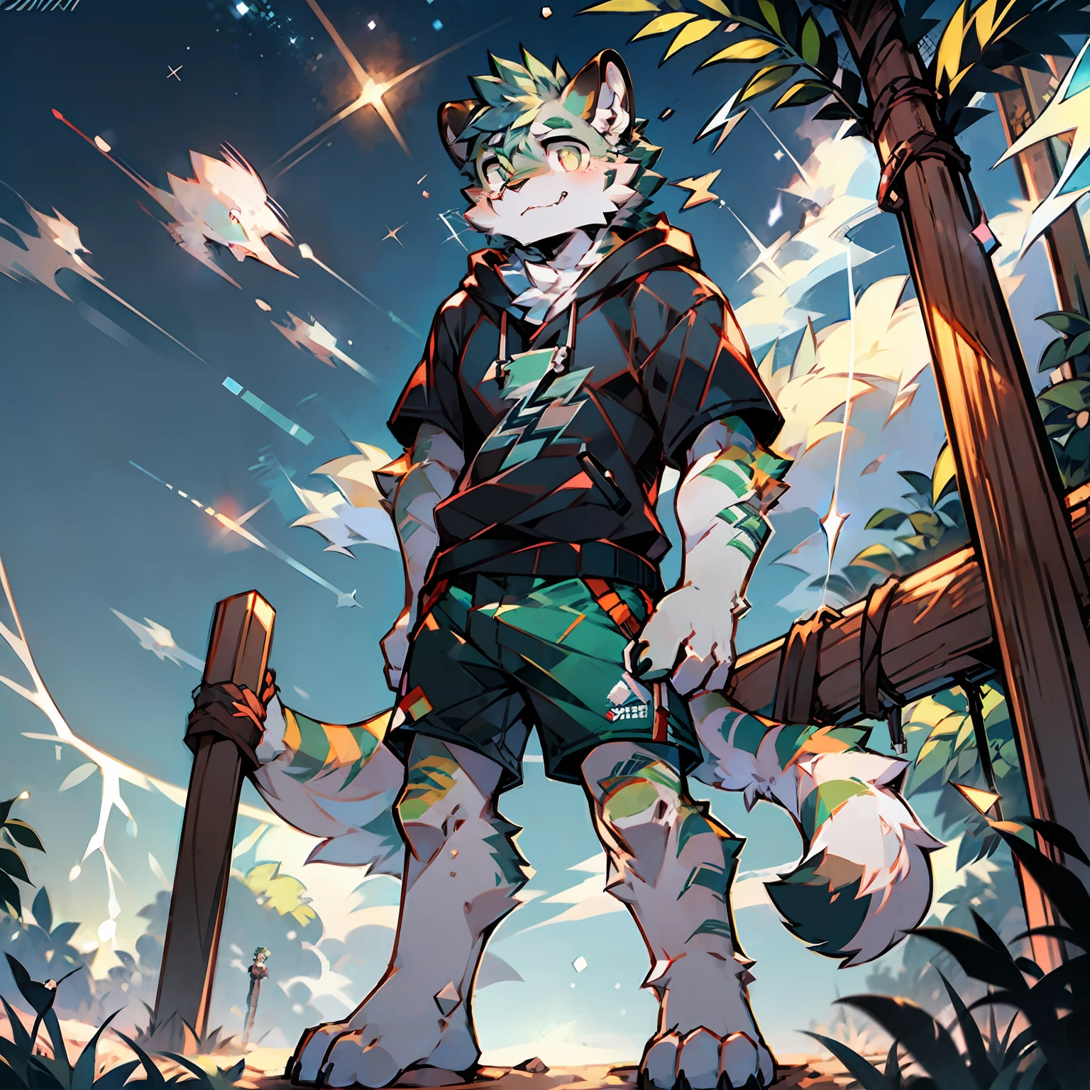 Single, shaggy male, furry, white tiger, feline, full body, white fur, star eyes, green pattern, lightning beard, green hair, broken eyebrows, black eyebrows, gray sweatshirt, short sleeves, shorts, short hair, standing