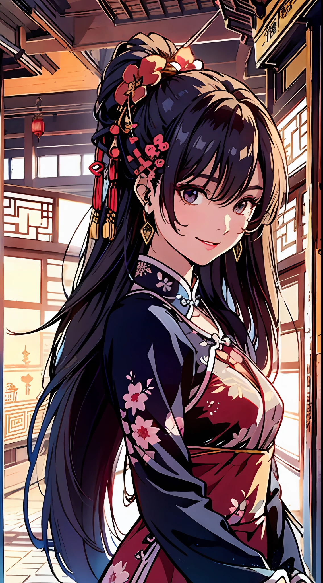 best quality, masterpiece, highres, 1girl,china dress,Beautiful face, hair ornament, solo,looking at viewer,smile,closed mouth,lips, dress,hair ornament, necklace, jewelry, long hair, earrings, chinese clothes, architecture,east asian architecture, small breasts, (arms at sides:1.2), upper body, closed mouth,