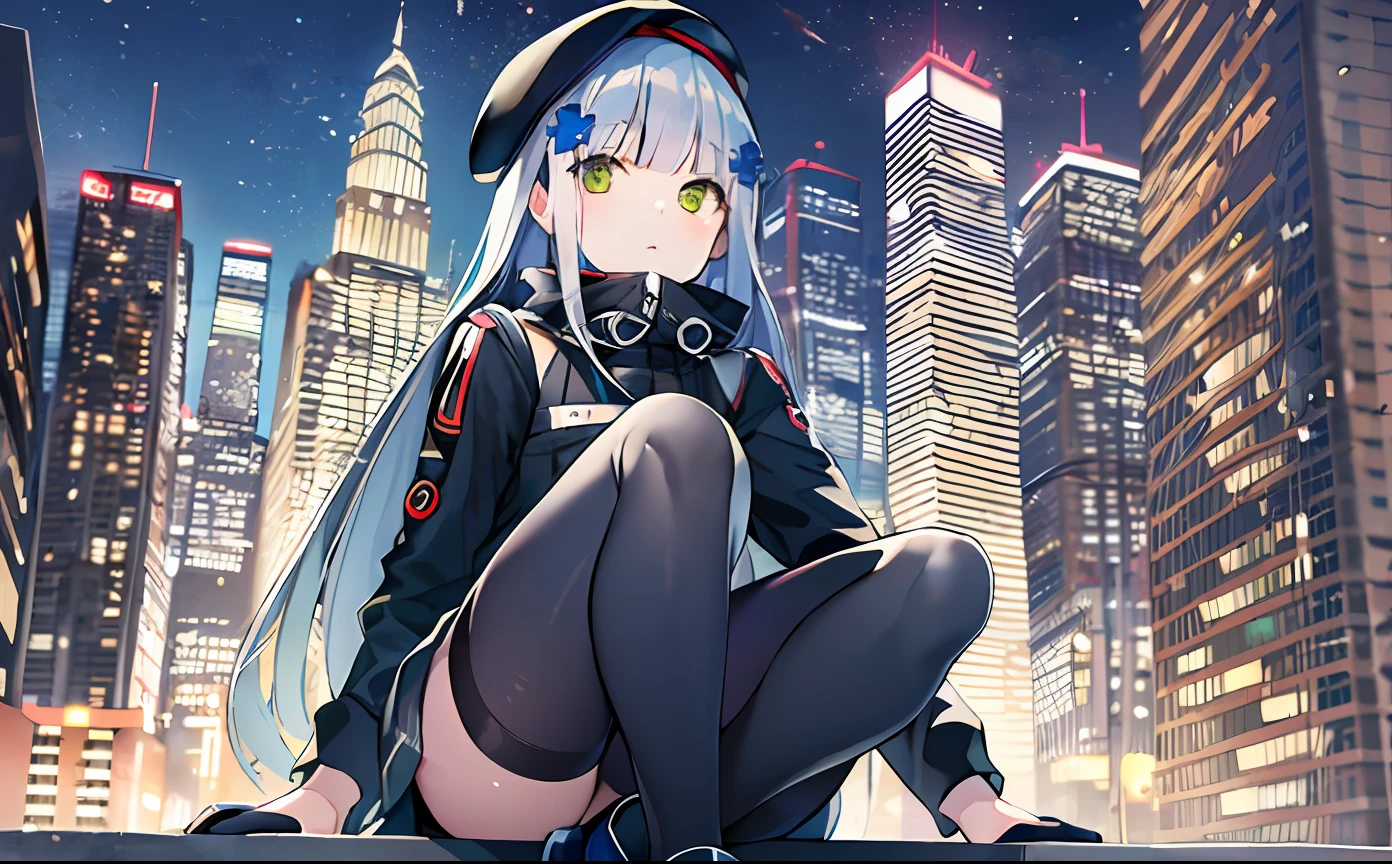 {{masterpiece, best quality, extremely detailed CG, unity 8k wallpaper, }}, wide view,(solo), HK416,midnight,sitting,against wall,city,looking up