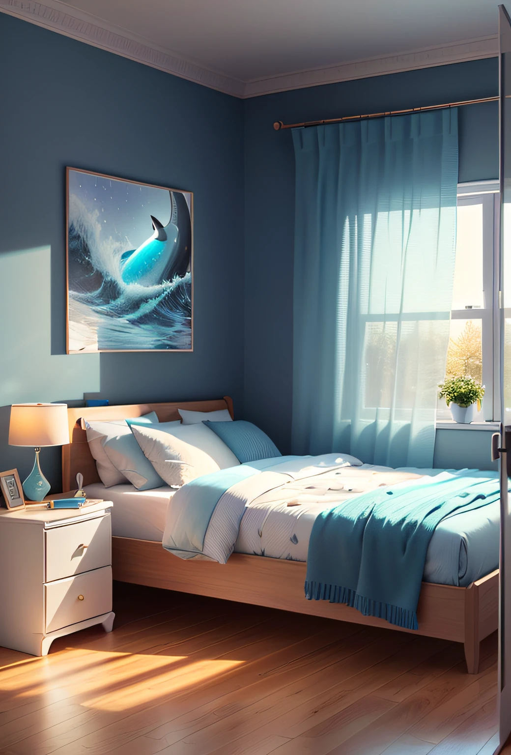 bed room in a Isometric style, musical atmosphere. Their black and white feathers add a delightful contrast to the soft blue hues, further enhancing the room's enchanting aesthetic majestically swimming through the imaginary icy waves, are awe-inspiring orca sculptures. These magnificent creatures, crafted with extraordinary attention to detail, seem almost alive as they glide through the air, seemingly suspended in time. Their sleek black and white bodies lend an air of power and grandeur to the room, evoking a sense of awe in anyone who enters. D elicited snowflake-shaped fairy lights twinkle softly from the ceiling, casting a magical glow that illuminates the room like a starlit winter sky. The soft, ethereal light adds an extra touch of enchantment to the Frozen Ice Age Kingdom captivating blend of Elsa's princess realm, mesmerizing ice-age creatures, soothing blue tones, and a touch of icy sparkle, this astonishing kidsdroom design, interior decoration details, decoration design drawing interior decoration details accurate 120 degrees, stylized 3D rendering, kids bedm, 3D stylized scene --v 6