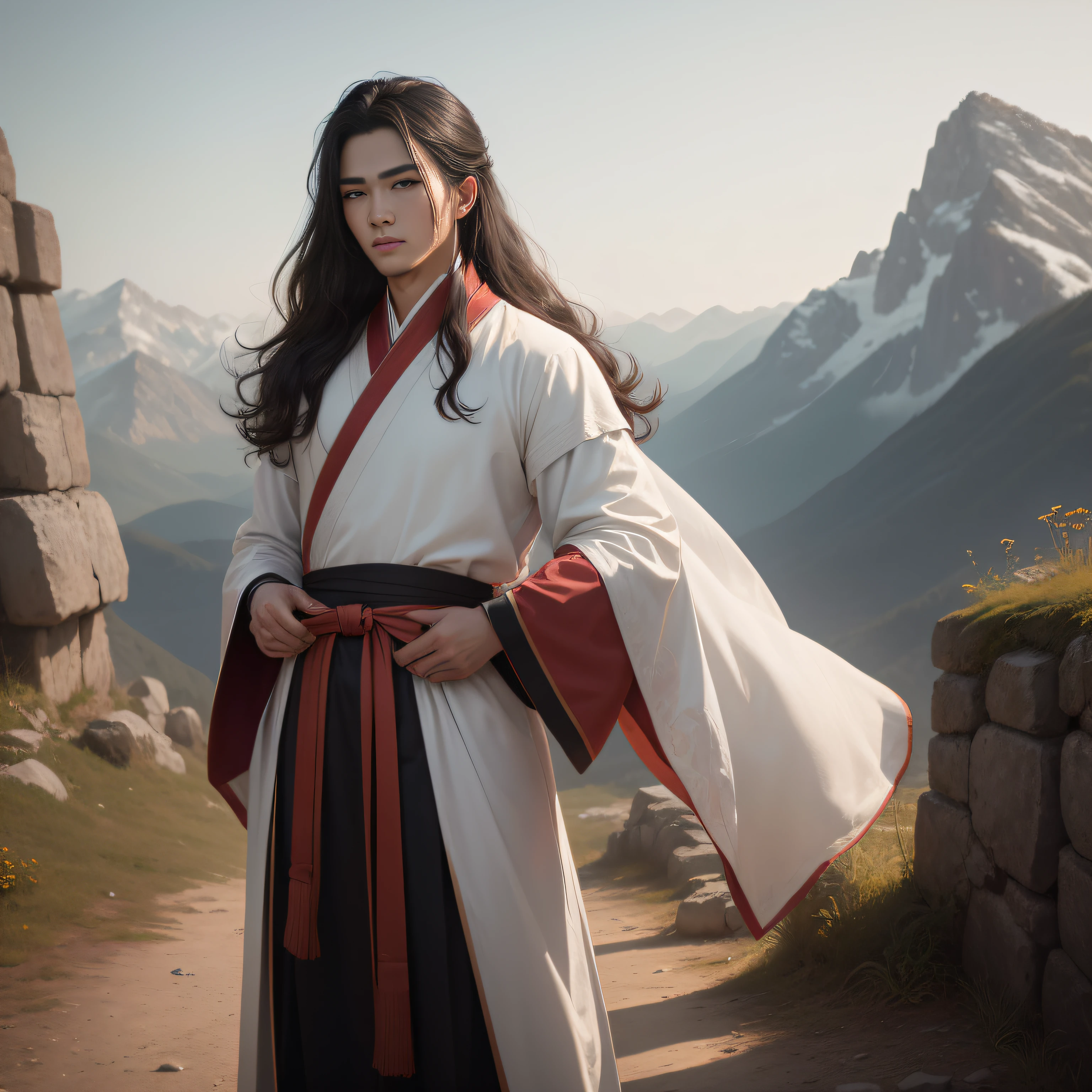 20 years old man, long hair, black hair, white Hanfu, full body, long sleeves, standing, mountain, outdoor, Chinese style, medieval fairy style, handsome, heroic, (8k, RAW photo, best quality, (masterpiece: 1.2), (realism: 1.3), (realism: 1.3), super detailed, (high detail skin: 1.2) --auto
