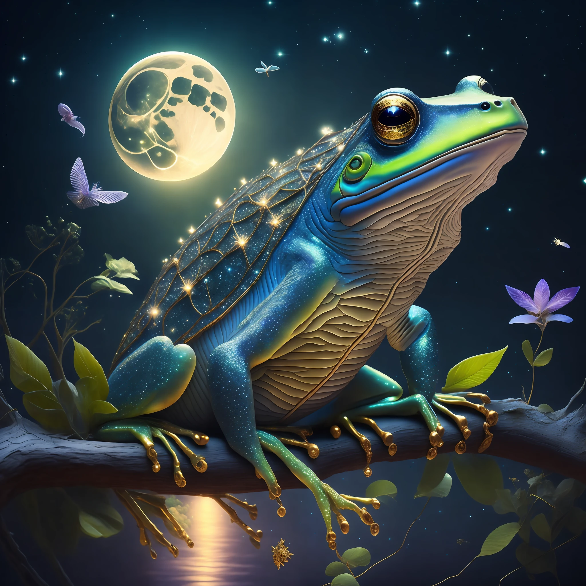 As twilight covers the entire kingdom, the sky is filled with celestial wonders. Countless stars shimmer like glittering diamonds, their ethereal glow casting a soft glow on the earth. The moon is brilliant and round, bathing everything in a soft silver glow that highlights the inner charm. At the heart of the composition is a majestic mechanical frog – a testament to artistry and engineering prowess. Intricately carved, the metal frame glistens in the moonlight, decorated with ornate patterns and intricate carvings. Gears and mechanisms intertwine seamlessly to bring creatures to life with graceful movements. Perched on the sturdy back of a frog sits a miniature city, a fascinating marvel of human innovation and imagination. Towering skyscrapers adorned with neon lights reach to the sky, their vibrant hues paint the night sky with a kaleidoscope of colors. Small windows twinkle like stars and bustle through the vibrant streets of the city. As the mechanical frog traverses the earth, its footsteps produce a soft rhythmic hum that echoes through the air – a symphony of wonder and possibility. Each jump is an exquisite dance, leaving wisps of glittering stardust that twinkle like a celestial path, guiding the frog and its extraordinary cargo. The surroundings are a harmonious blend of nature and fantasy. Lush greenery and blooming flowers bloom under the gentle gaze of the moon, their petals embracing the night with a delicate fragrance. Majestic trees, their branches dotted with glowing moss, stand sentinels, casting surreal shadows over the landscape. A meandering river meanders through the scene, and its waters reflect the wonders of the starry sky above. It whispers secrets as it flows, weaving a story that only a person who listens carefully can understand. Along its banks, fireflies illuminate the darkness with their soft glow, and their enchanting glow creates an m