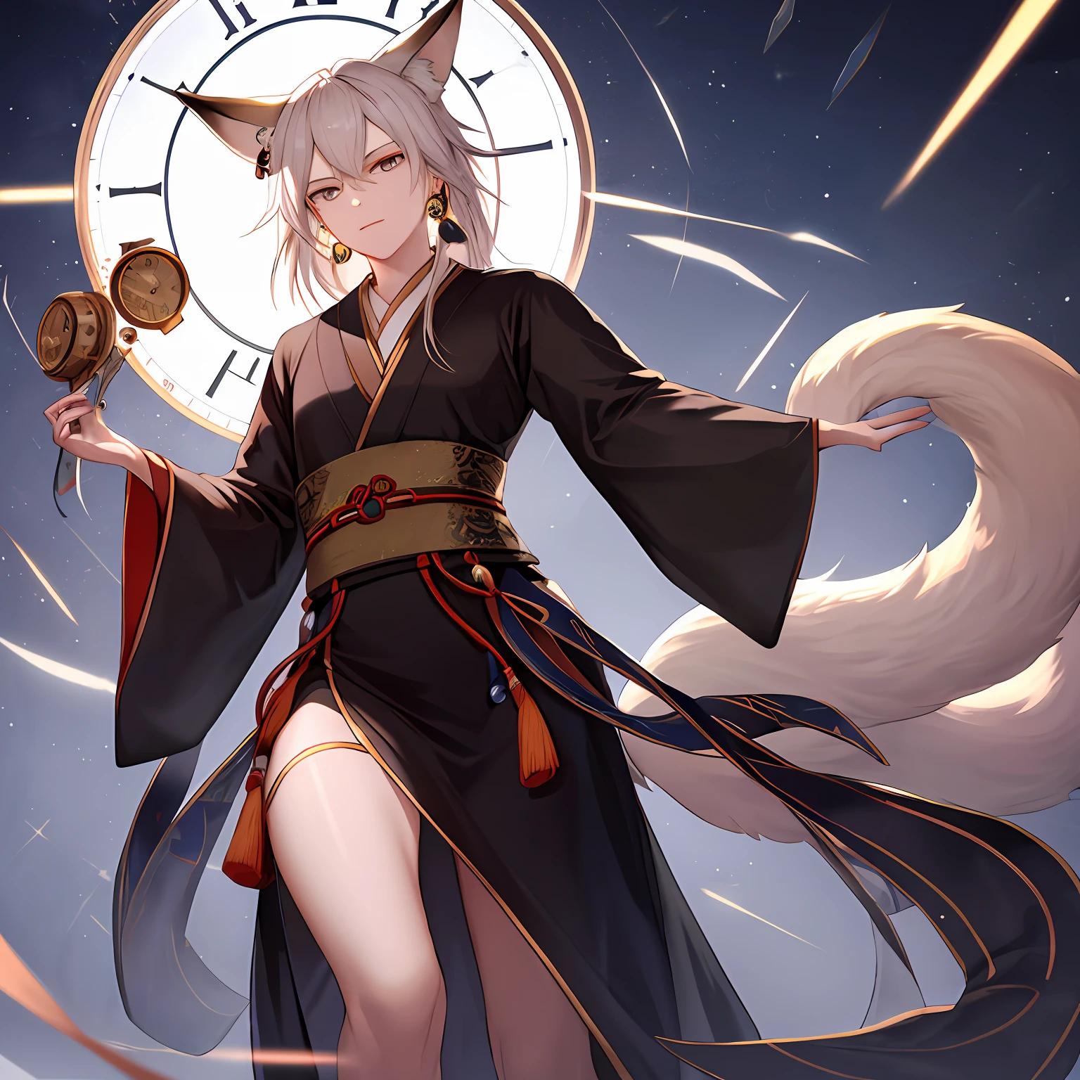 Fox boy, smart and witty, sensitive and agile, cunning and clever, using GAN technology, Unity engine, 2K HD, clock, unilateral earrings, cold sense of handsome guy, micro Hanfu element dress, hair with fox mask, big tail