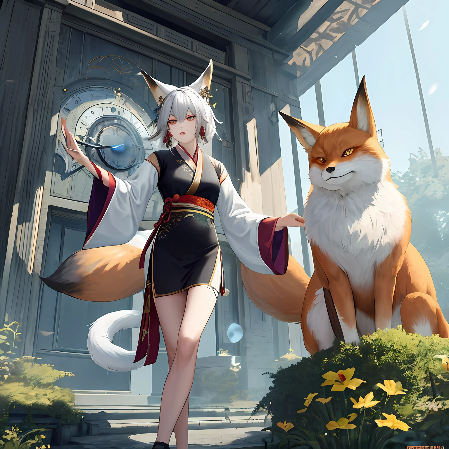 Fox boy, smart and witty, sensitive and agile, cunning and clever, using GAN technology, Unity engine, 2K HD, clock, unilateral earrings, cold sense of handsome guy, micro Hanfu element dress, hair with fox mask, big tail