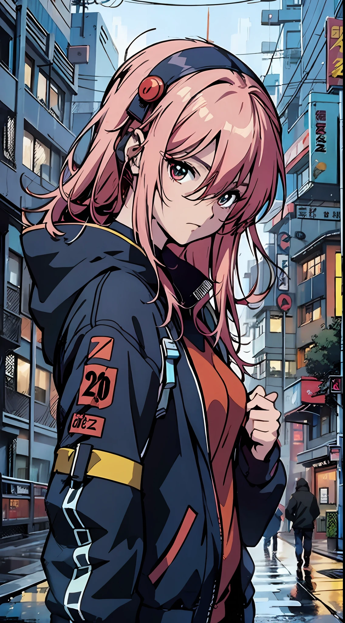 anime girl with red hair and black jacket standing in the rain, detailed digital anime art, anime style 4 k, digital cyberpunk anime art, anime style illustration, artwork in the style of guweiz, anime art wallpaper 8 k, anime art wallpaper 4 k, anime art wallpaper 4k, clean detailed anime art, cyberpunk anime art, urban girl fanart, digital anime illustratio