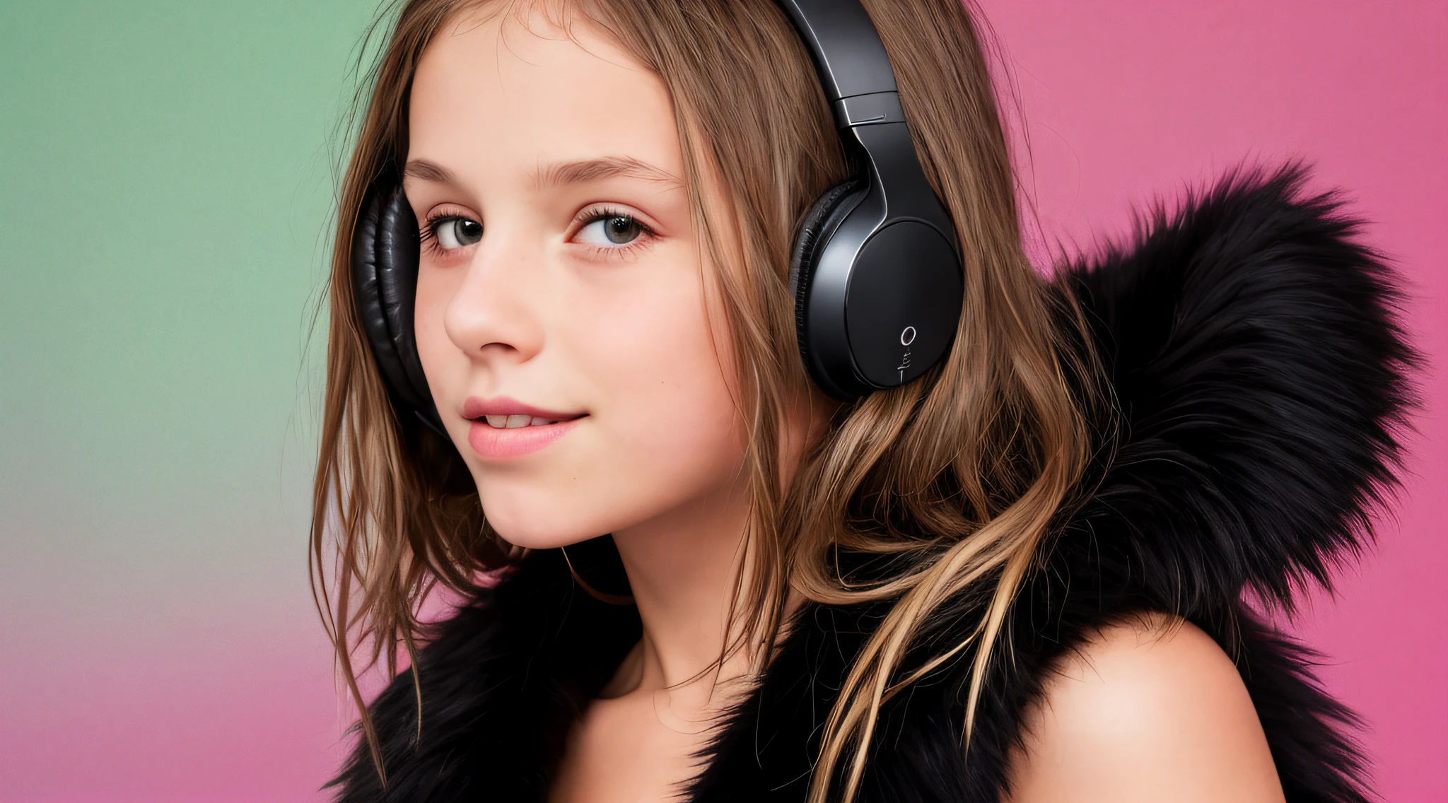 GIRL CHILD , RUSSIAN STYLE BLONDE HEADPHONES, BLACK FUR COAT, MESSY SHOULDER LENGTH BLONDE HAIR, RED BACKGROUND, BROWN EYES, HAPPY, CLEAN DETAILED FACES, INTRACATE CLOTHES, ANALOGOUS COLORS, BRIGHT SHADOWS, BEAUTIFUL GRADIENT, DEPTH OF FIELD, CLEAN IMAGE, HIGH QUALITY, HIGH DETAIL, HIGH DEFINITION, LUMINOUS STUDIO GRAPHICS ENGINE, BEAUTIFUL FACE