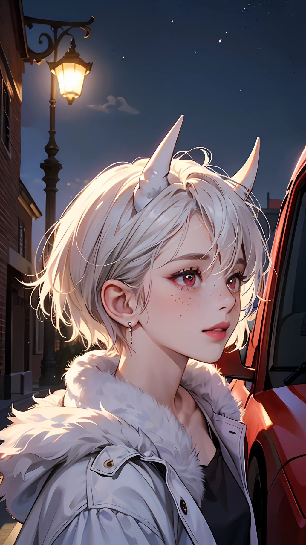 (Masterpiece, Absurd, High Quality, Best Quality, Ultra Detail, Beautiful), Perfect Eyes, Perfect Face, Perfect Lighting, Textured Skin, Beautiful Detail Face, (Detailed Face: 1.4), Beautiful Detail Eyes, Ambient Light, Realistic Shadows, Beautiful Detail Pupils, Cute, 1 Girl, Solo, One Focus, Beelzebub, Short Hair, White Hair, Demon Girl, Demon Tail, Freckles, Red Eyes, White Horns, Purple Lipstick, Lips, Blush, White Fur Coat, (white fur-trimmed coat: 1.3), outdoor, street, (evening: 1.2), car in background, headlights, church in background, lighting, moon, looking at the audience, walking, smiling, from the side, full body, rich, expensive, jewelry --auto