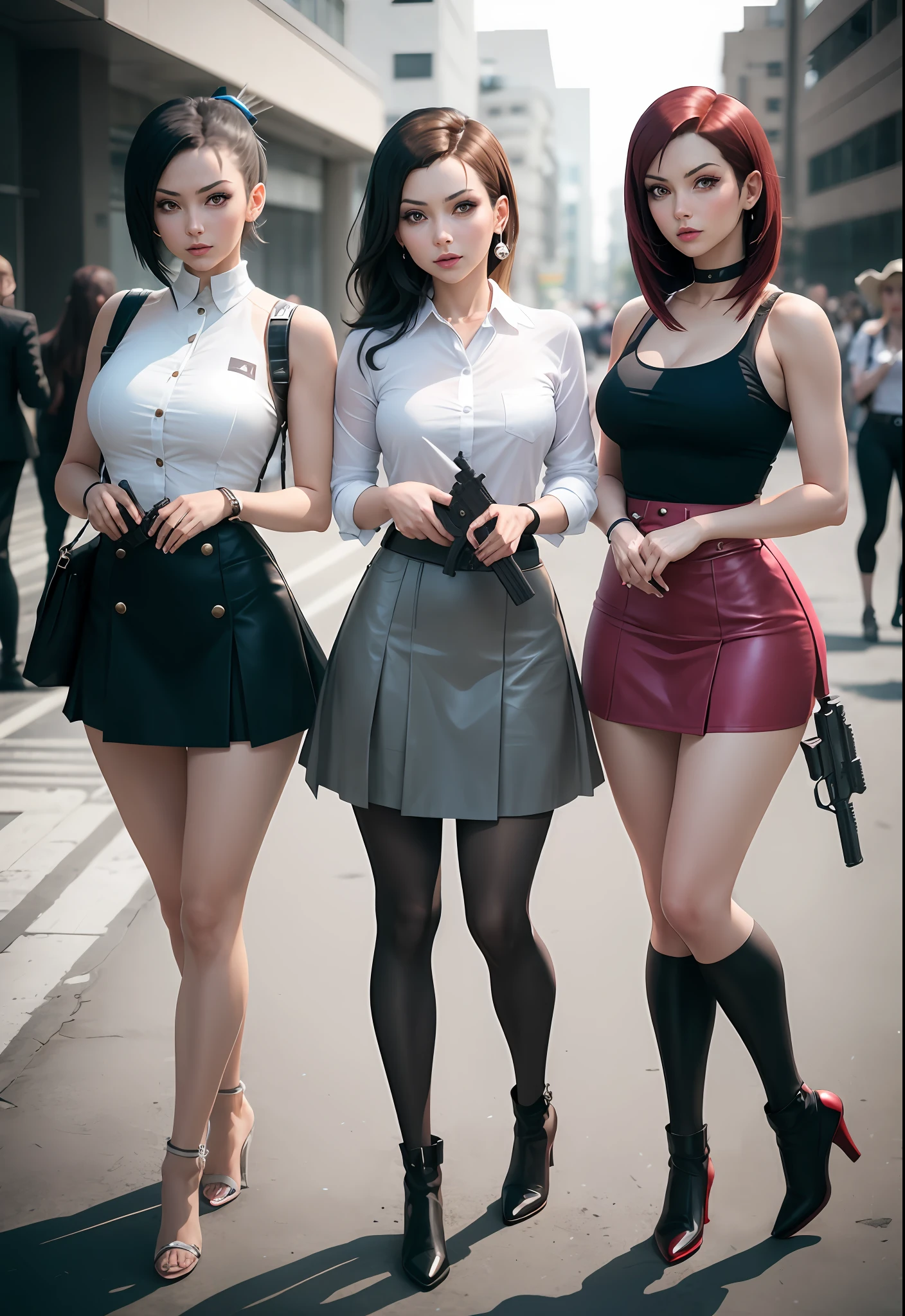 arafed woman in a short skirt and a white shirt holding a gun, aeon flux style, akane owari danganronpa, full body with costume, faye valentine from cowboy bebop, full body! shot, full-cosplay, cosplay, style is a blend of æon flux, tifa lockheart, anime girl cosplay, professional cosplay