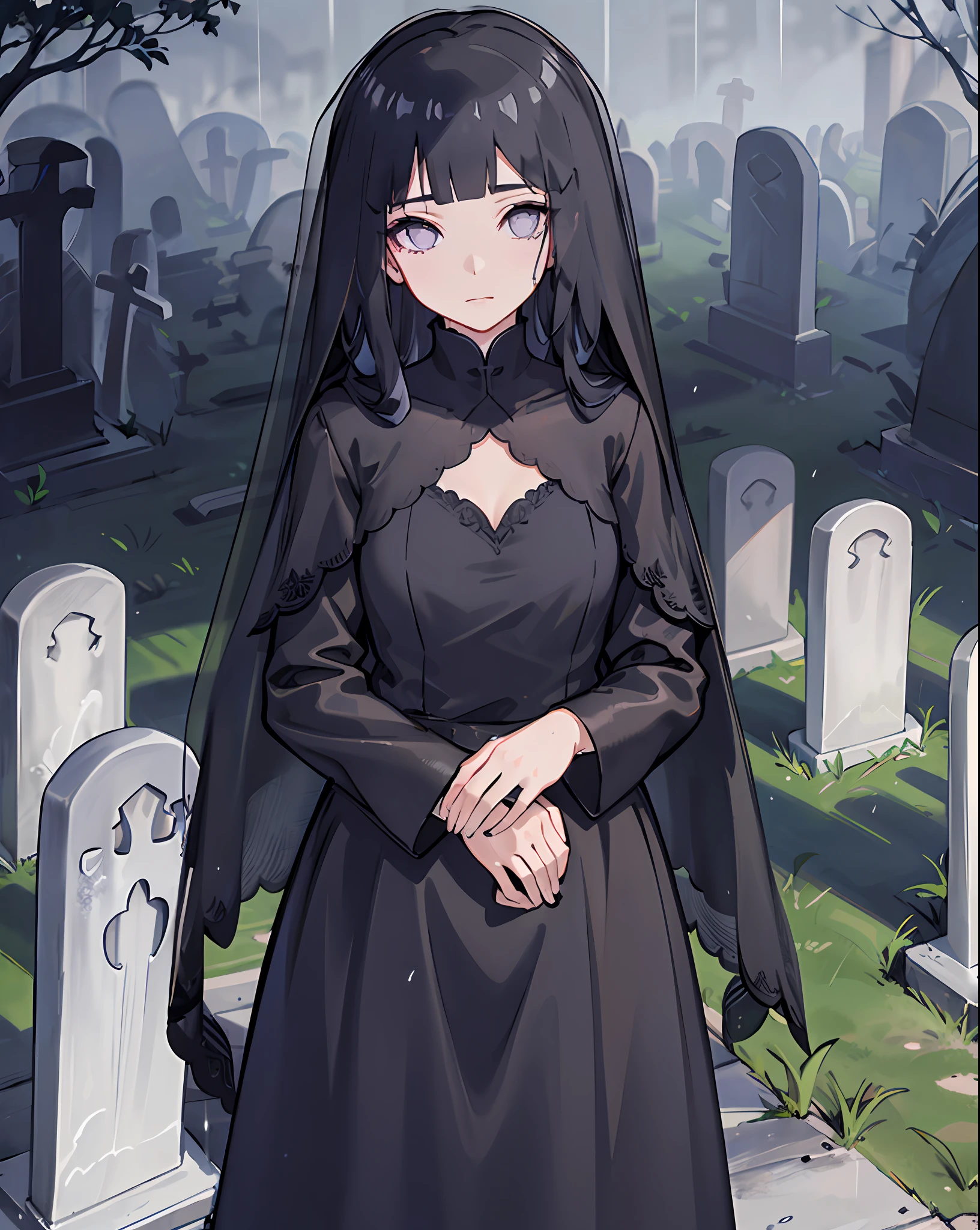 masterpiece,1girl, black_dress,(black_veil:1.3),(veil over eyes:1.3), widow,dark_blue_hair,(graveyard:1.3), rain,wet,standing, purple eyes, blunt bangs, long hair