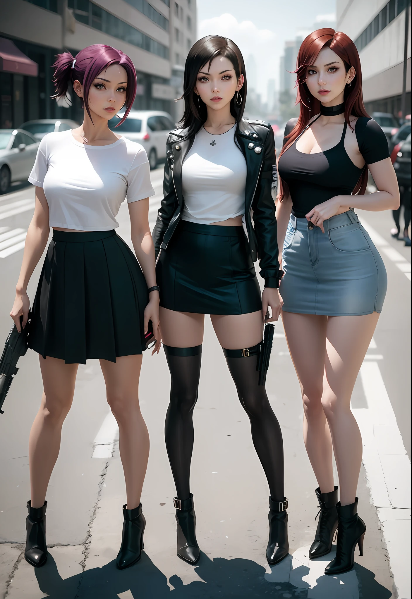 arafed woman in a short skirt and a white shirt holding a gun, aeon flux style, akane owari danganronpa, full body with costume, faye valentine from cowboy bebop, full body! shot, full-cosplay, cosplay, style is a blend of æon flux, tifa lockheart, anime girl cosplay, professional cosplay