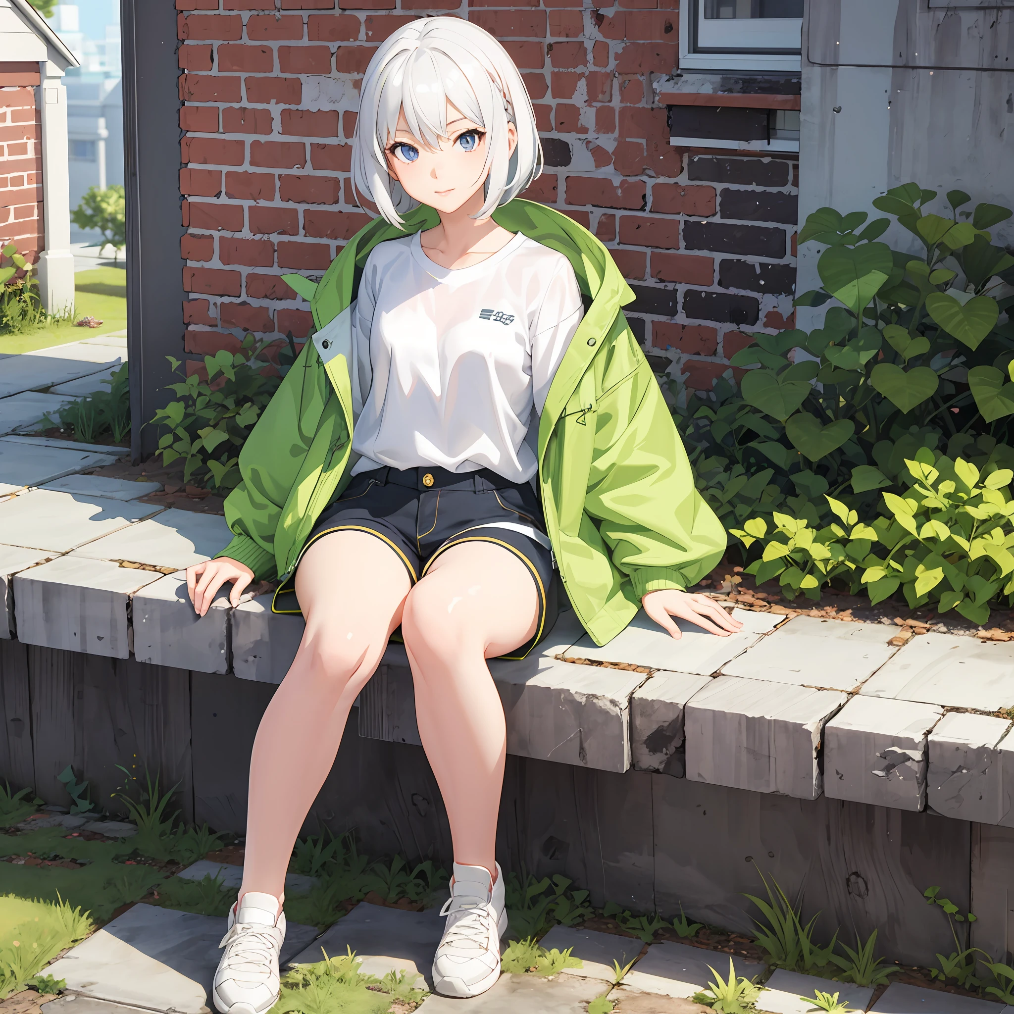 anime - style girl sitting on a brick bench in front of a brick building, realistic anime 3 d style, casual pose, girl with short white hair, the anime girl is crouching, anime styled 3d, anime style. 8k, girl with white hair, photorealistic anime girl render, 3 d anime realistic, young anime girl, realistic young anime girl