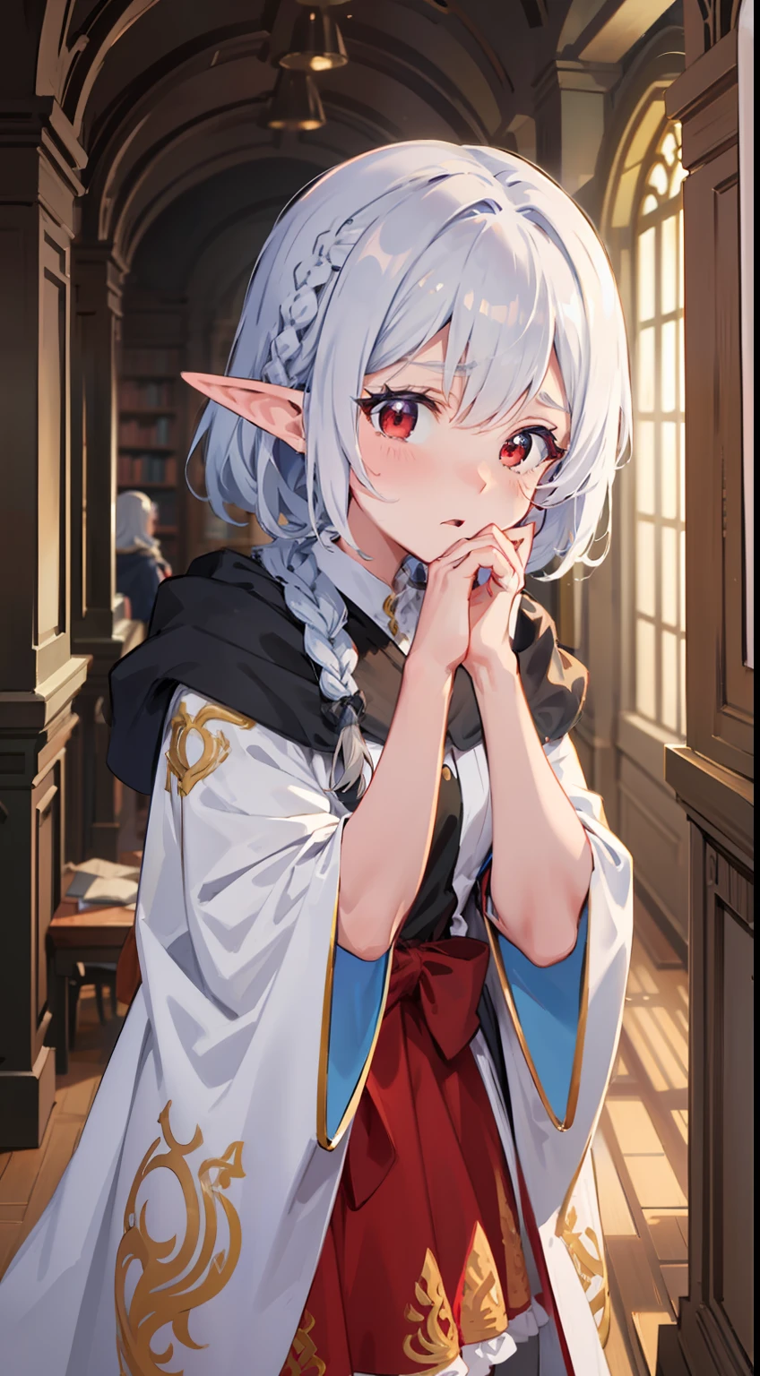 ((Put both hands on your face)), ((surprised)), (Red face), 1 girl closeup, Elf, Silver hair, Red eyes, Braid hair, Bob cut, Wizard, Robe, Ruffles, Tights, Cloak, Library, Mirror, TS, Concept art, Beautiful anime scene, Beautiful anime scenery, Best quality, Masterpiece, 4K