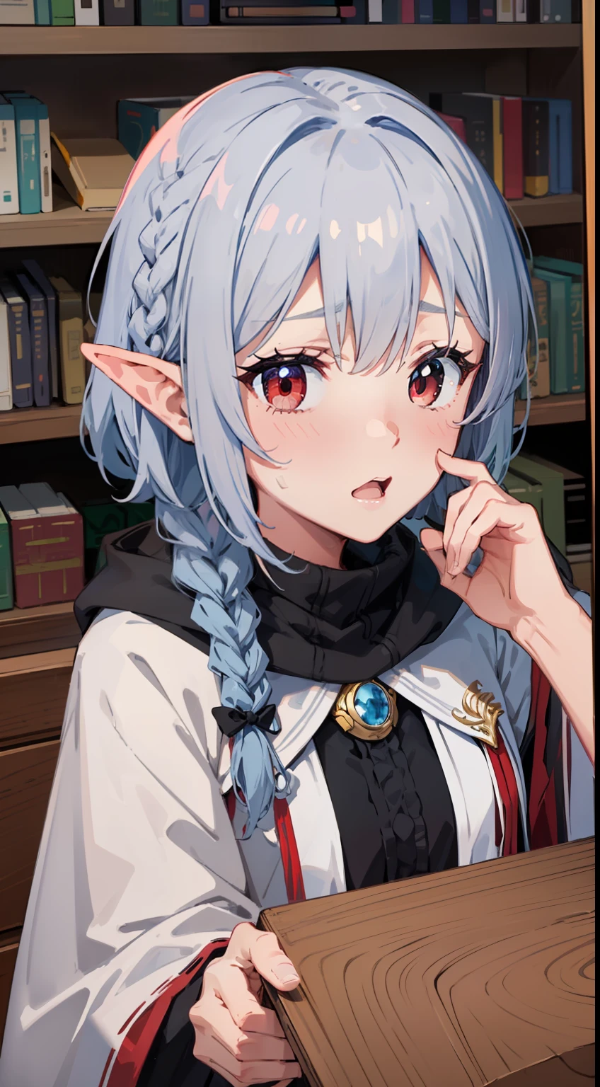 ((Put both hands on your face)), ((surprised)), (Red face), 1 girl closeup, Elf, Silver hair, Red eyes, Braid hair, Bob cut, Wizard, Robe, Ruffles, Tights, Cloak, Library, Mirror, TS, Concept art, Beautiful anime scene, Beautiful anime scenery, Best quality, Masterpiece, 4K