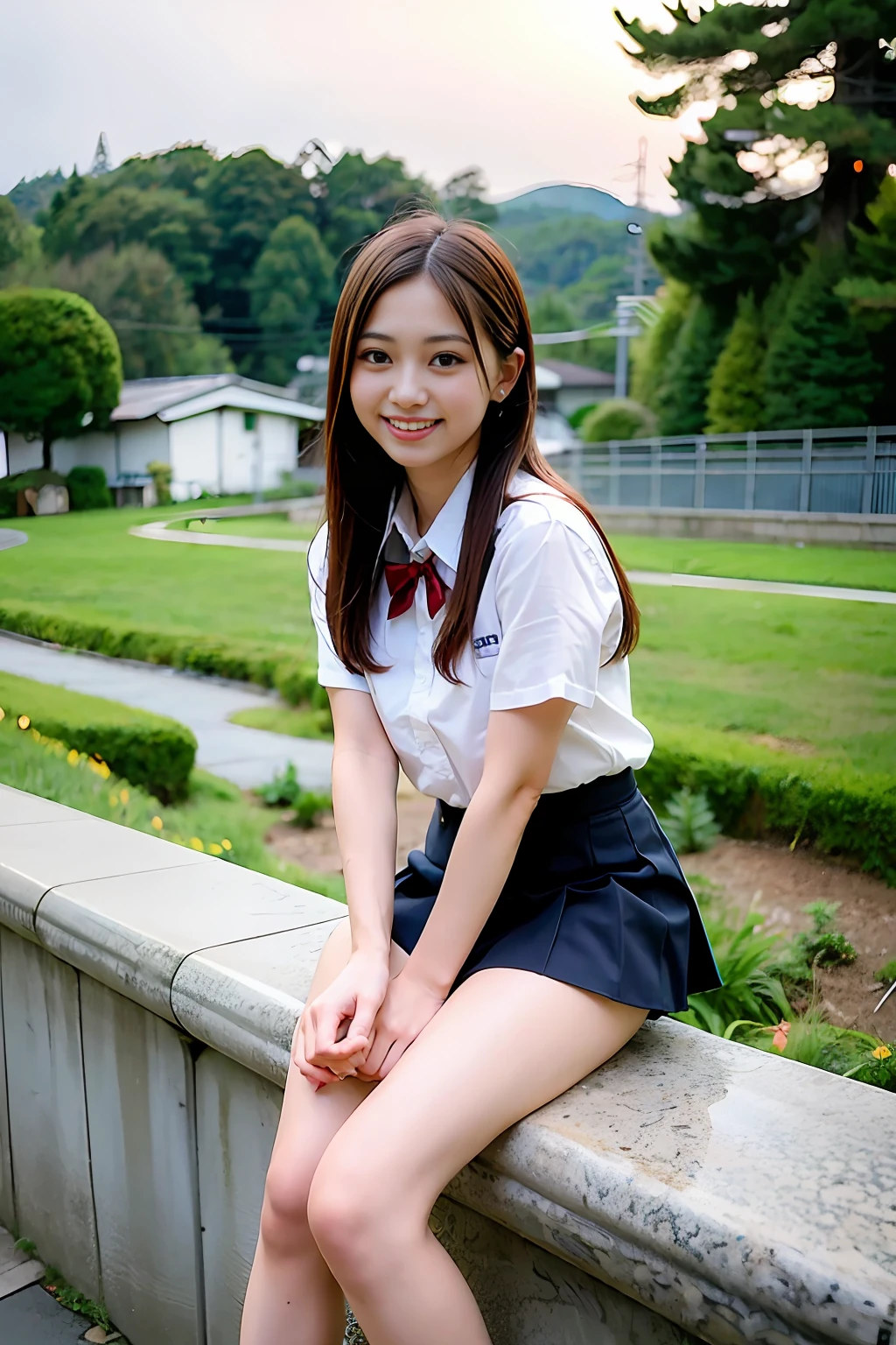 Super high image quality, natural brightness, natural light, beautiful girl, smile, black hair, long hair, Japan high school girl, uniform, mini skirt, whole body, beautiful skin type, station platform, countryside, beautiful legs, sunset,