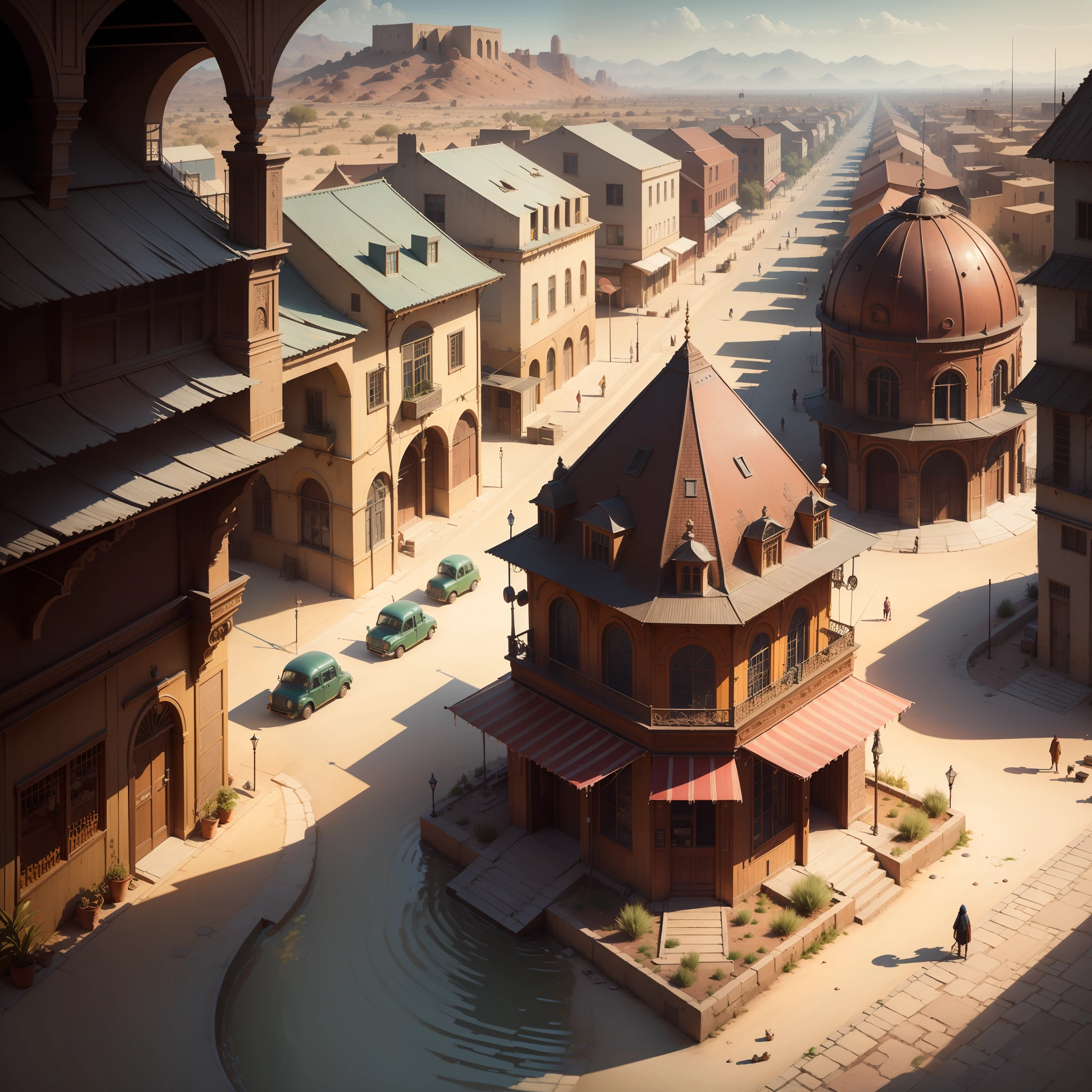 ((masterpiece)),((best quality)),((high detail)),((realistic,)) City in the middle of the desert, architectural street, bazaar, rainy day, steampunk, middle eastern architecture of jahiliyah era, isometric view