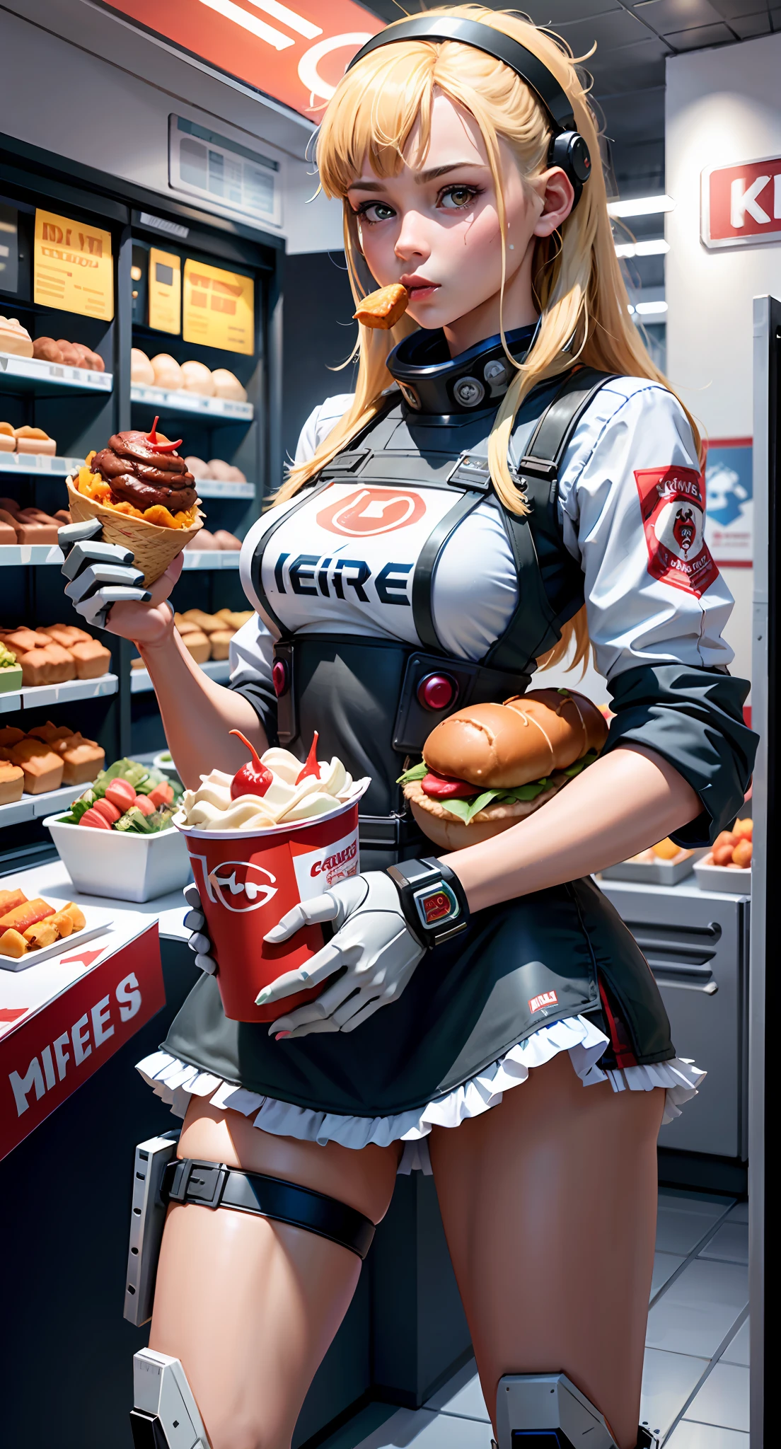 A young female college student, full body photo, small chest, holding a hamburger in her hand, eating with her mouth, lying on a robot to eat, in a playful pose, there are a lot of KFC food displayed in the store, huge roast chicken, robots also help with ice cream, huge robot assistant, in a KFC store, refrigerator