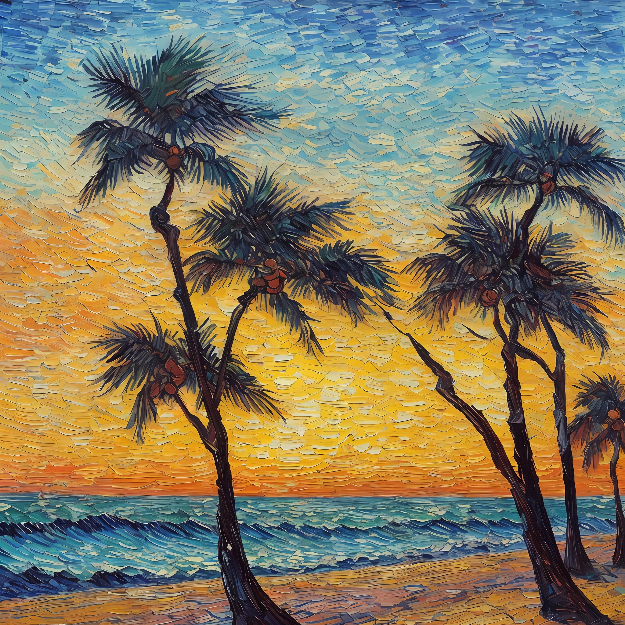 Van gogh crude oil painting Thick brush texture bright colors blue and pink, sunset, summer scenery, beach, waves, palm trees --auto