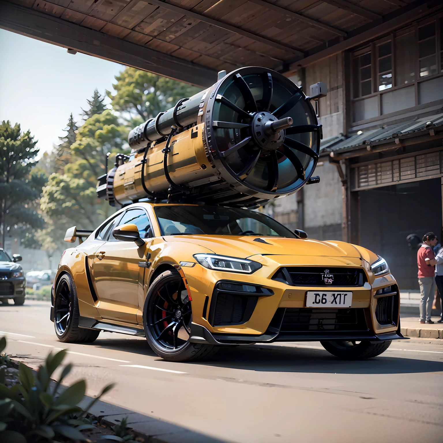 arafed yellow sports car with a large exhaust fan on top, cinematic shot ar 9:16 -n 6 -g, gtr xu1, vehicle photography, cinematic front shot, giant golden nuclear hornet, captured on canon eos r 6, shot on canon eos r5, shot on canon eos r 5, octa 8k, 8k in the style
