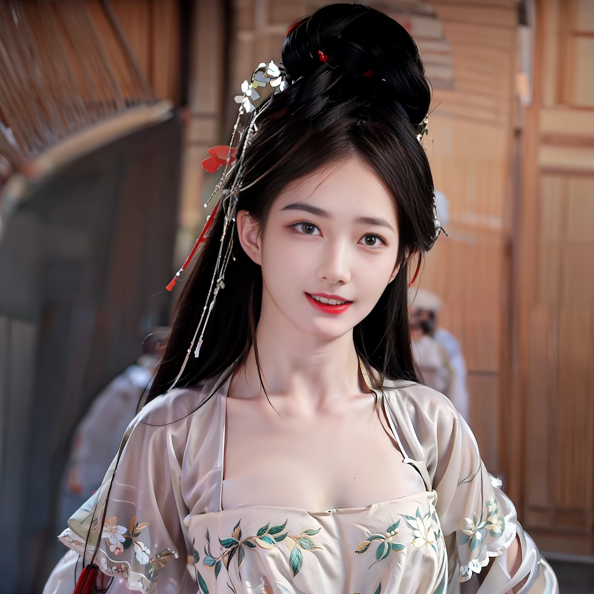 Best quality, masterpiece, high resolution, Chinese door opening, 1girl, large body, sexy extreme, light as gauze (see-through), large openwork see-through, beautiful and delicate face, (body of desire) Perfect slim body (nipple slip: 0.5), perfect snow white skin (night)