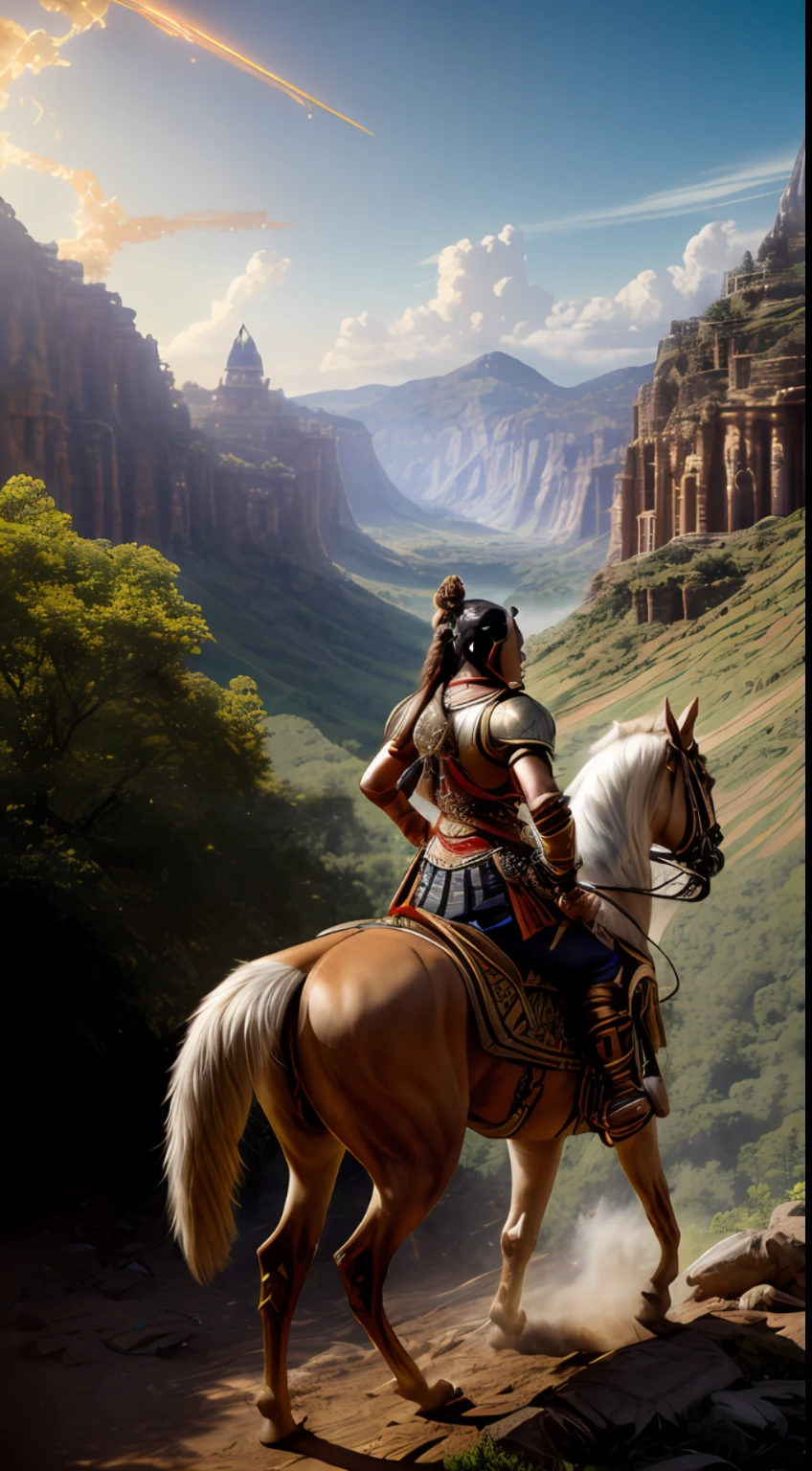 (masterpiece, UHD, digital art, detailed:1.3), Rani Abbakka Chowta, indomitable warrior queen, (elaborate armor with intricate motifs:1.2), steadfast gaze, leading her valiant troops into a 16th-century Indian battlefield, (inspired by realistic art by Gaston Bussiere and Greg Rutkowski:1.4), immersive depiction, diverse landscapes, swirling dust, traditional weaponry, dynamic action, warm colors, vibrant details, realistic textures, atmospheric lighting, top-down perspective, diagonal shot, looking out with unwavering determination.