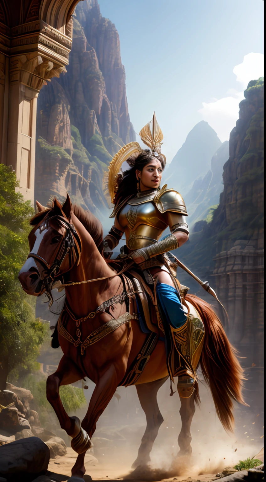 (masterpiece, UHD, digital art, detailed:1.3), Rani Abbakka Chowta, indomitable warrior queen, (elaborate armor with intricate motifs:1.2), steadfast gaze, leading her valiant troops into a 16th-century Indian battlefield, (inspired by realistic art by Gaston Bussiere and Greg Rutkowski:1.4), immersive depiction, diverse landscapes, swirling dust, traditional weaponry, dynamic action, warm colors, vibrant details, realistic textures, atmospheric lighting, top-down perspective, diagonal shot, looking out with unwavering determination.