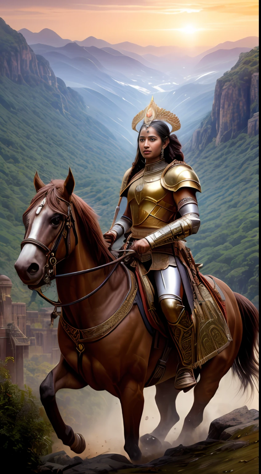 (masterpiece, UHD, digital art, detailed:1.3), Rani Abbakka Chowta, indomitable warrior queen, (elaborate armor with intricate motifs:1.2), steadfast gaze, leading her valiant troops into a 16th-century Indian battlefield, (inspired by realistic art by Gaston Bussiere and Greg Rutkowski:1.4), immersive depiction, diverse landscapes, swirling dust, traditional weaponry, dynamic action, warm colors, vibrant details, realistic textures, atmospheric lighting, top-down perspective, diagonal shot, looking out with unwavering determination.