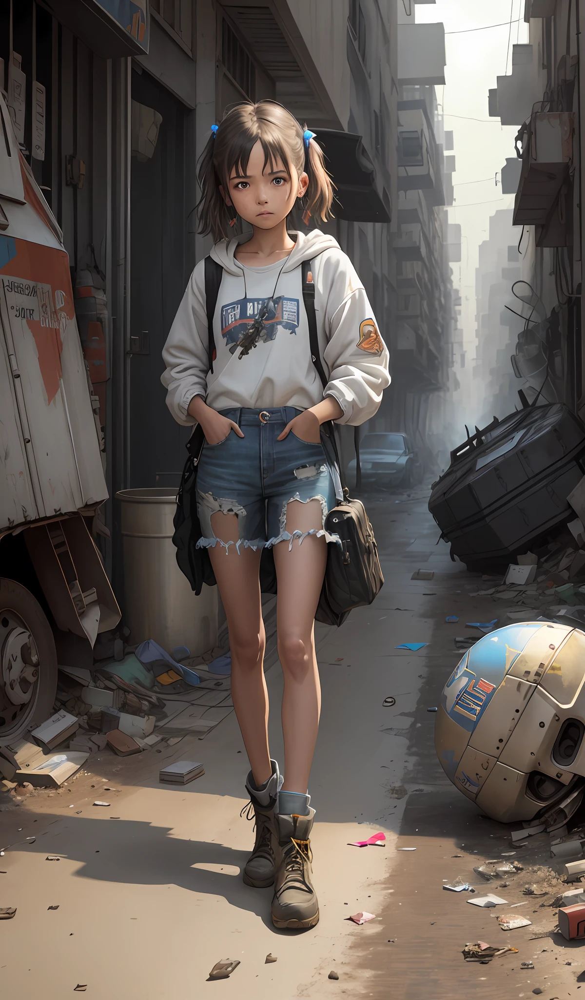 A very poor girl in very tattered clothes, Cinderella, alone, with holes in her clothes, a lot of patches on her clothes, skinny, pitiful eyes, looking at the camera, very tattered shoes, dirty on her body, a lot of dust, rummaging through garbage for a living, behind her is a scrapped Gundam robot, the robot is left with only steel wreckage, next to a scrapped machine tank, the mecha wreckage is on the ground, on the broken street,