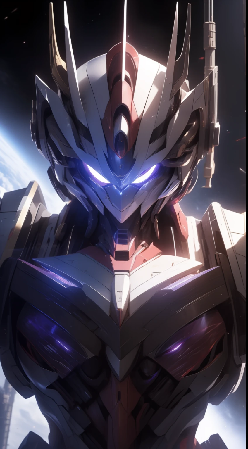 Masterpiece, highest quality, 8k, realistic details, full of sci-fi elements, cyberpunk, 1 woman wearing a Gundam mech, purple glowing eyes, detailed mecha patterns, half-body perspective, in space