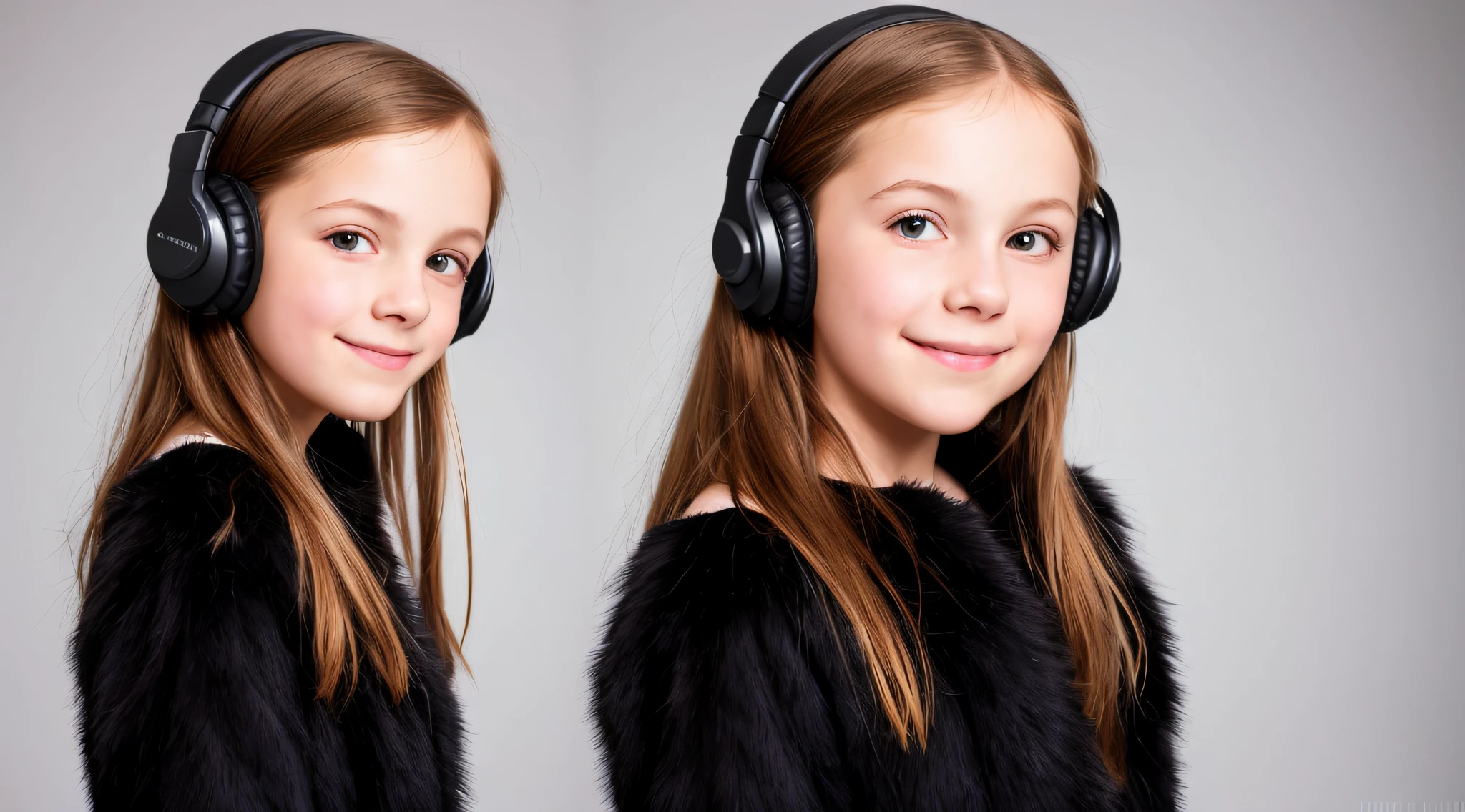 GIRL CHILD 8 YEARS OLD, RUSSIAN STYLE REDHEAD HEADPHONES, BLACK FUR COAT, MESSY SHOULDER LENGTH BLONDE HAIR, RED BACKGROUND, BROWN EYES, HAPPY, CLEAN DETAILED FACES, INTRACATE CLOTHES, ANALOGOUS COLORS, BRIGHT SHADOWS, BEAUTIFUL GRADIENT, DEPTH OF FIELD, CLEAN IMAGE, HIGH QUALITY, HIGH DETAIL, HIGH DEFINITION, LUMINOUS STUDIO GRAPHICS ENGINE, BEAUTIFUL FACE