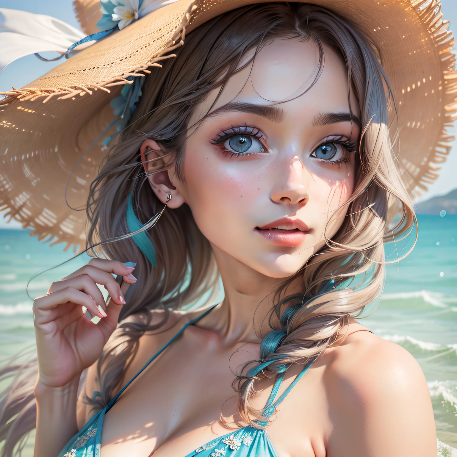 (Best Quality), (Masterpiece), (Beautiful Woman Portrait: 1.5), Sharp Focus, (Elegant Shades, Pastel Colors), Cute Look, Beautiful Face, Elegant Dress, Summer Sea Background, Colored Water