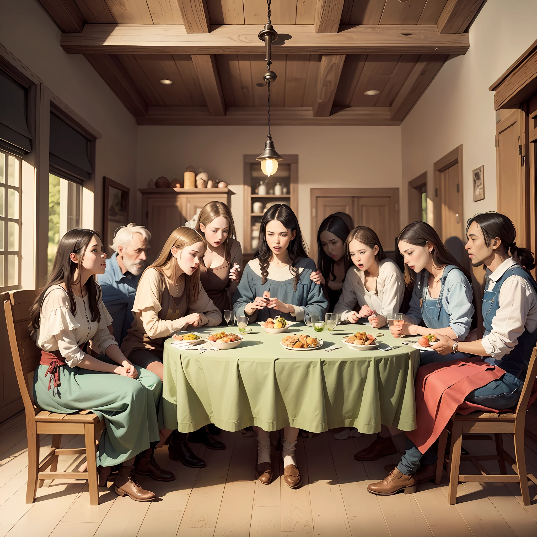 a drawing of a group of people gathered around a table, people at the table, composition of the last supper, family dinner, full-page illustration --auto --s2