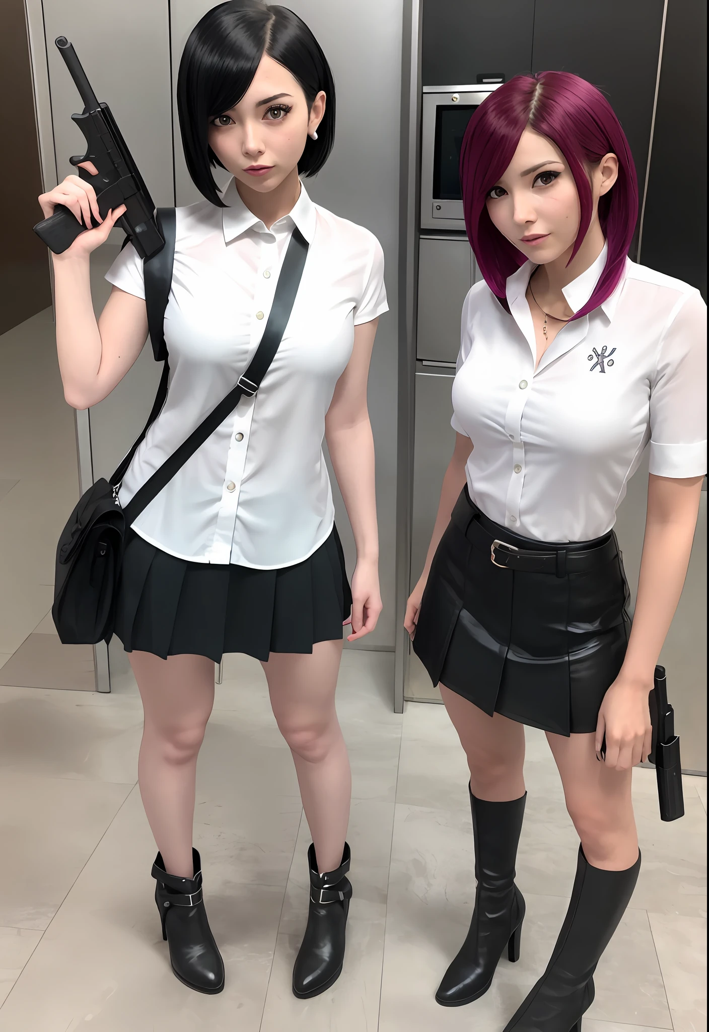 arafed woman in a short skirt and a white shirt holding a gun, aeon flux style, akane owari danganronpa, full body with costume, faye valentine from cowboy bebop, full body! shot, full-cosplay, cosplay, style is a blend of æon flux, tifa lockheart, anime girl cosplay, professional cosplay