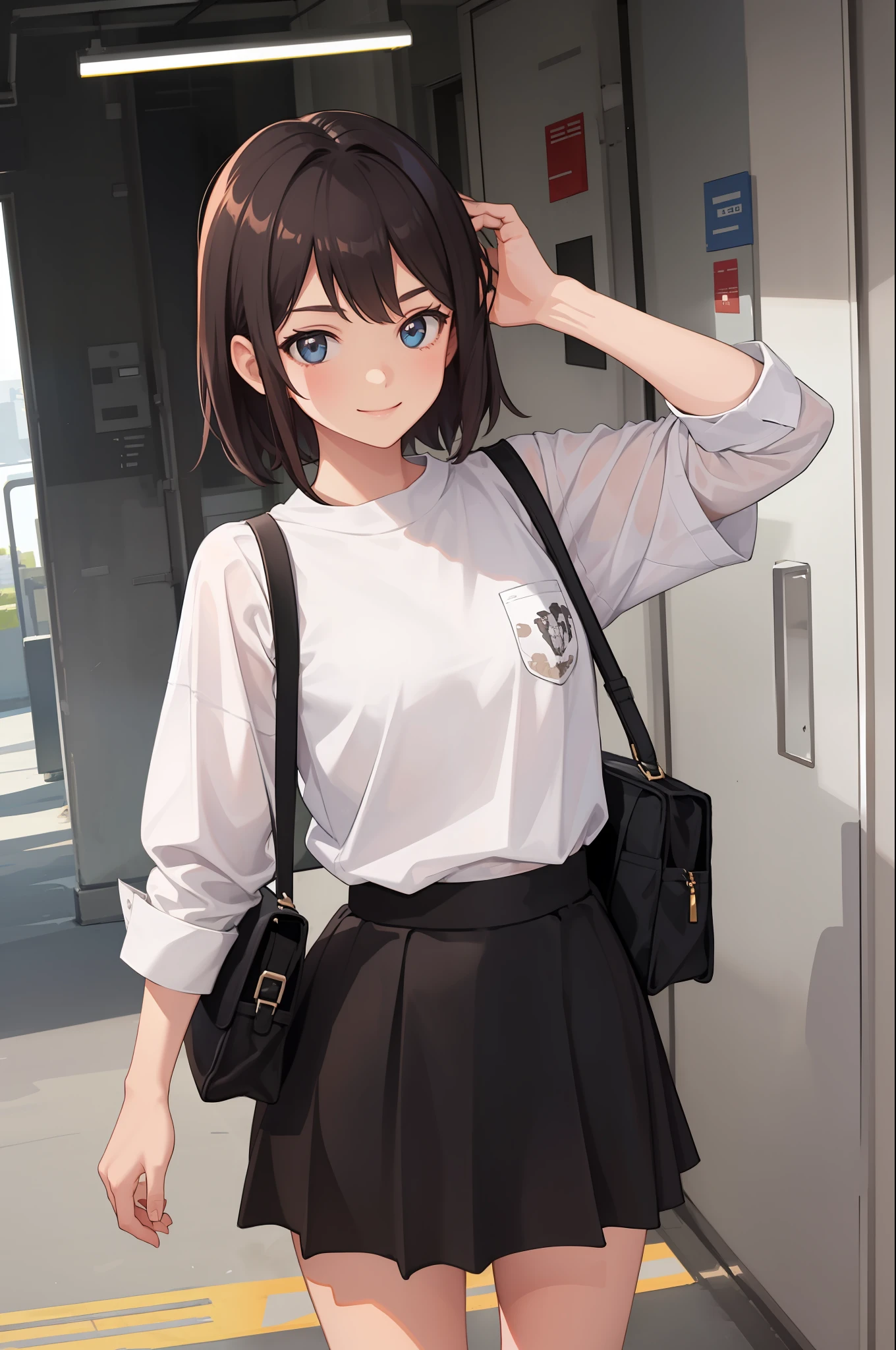1 girl, smile, shirt, skirt, (small) chiralism,