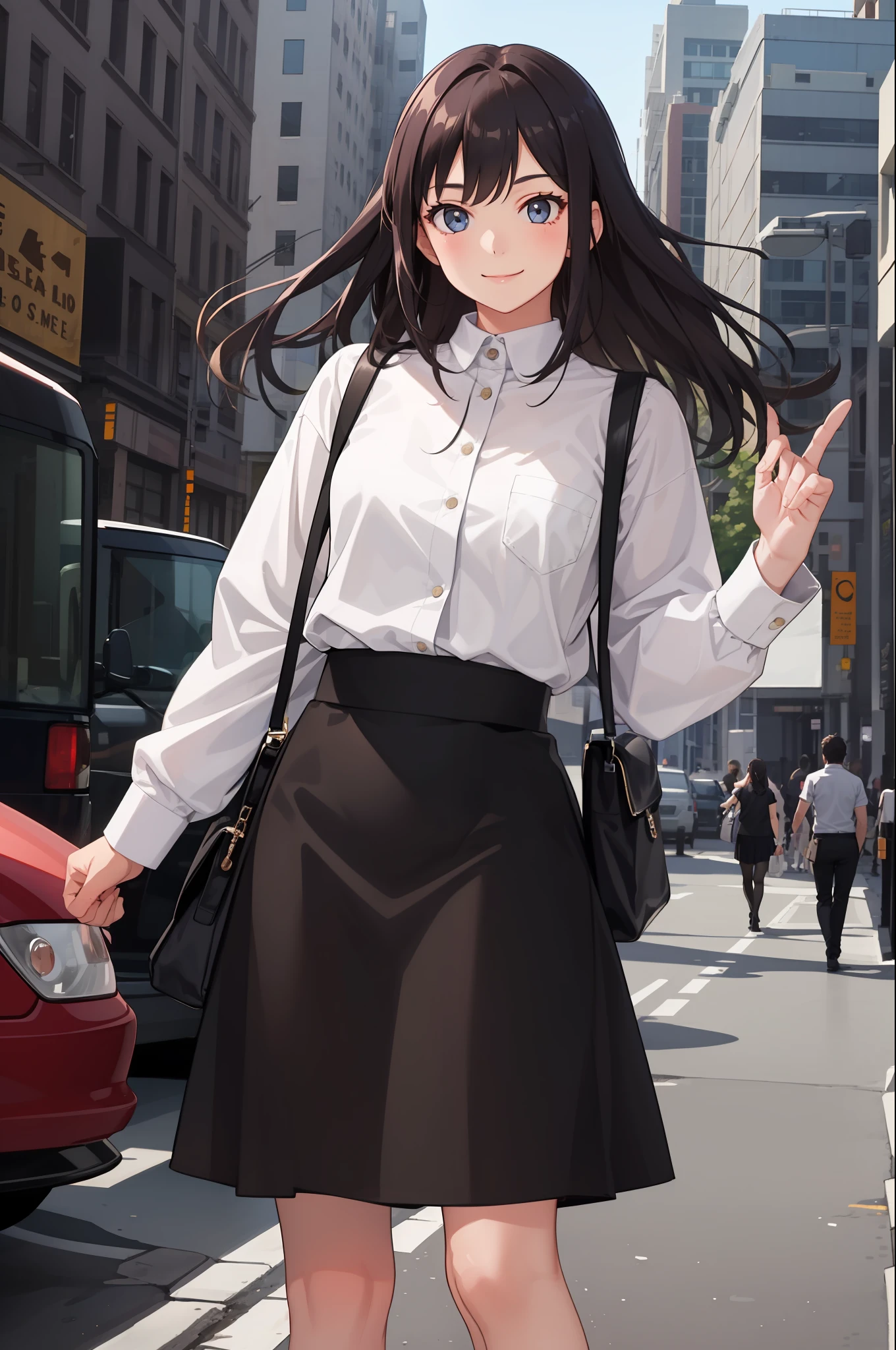 1 girl, smile, shirt, skirt, (small) chiralism,