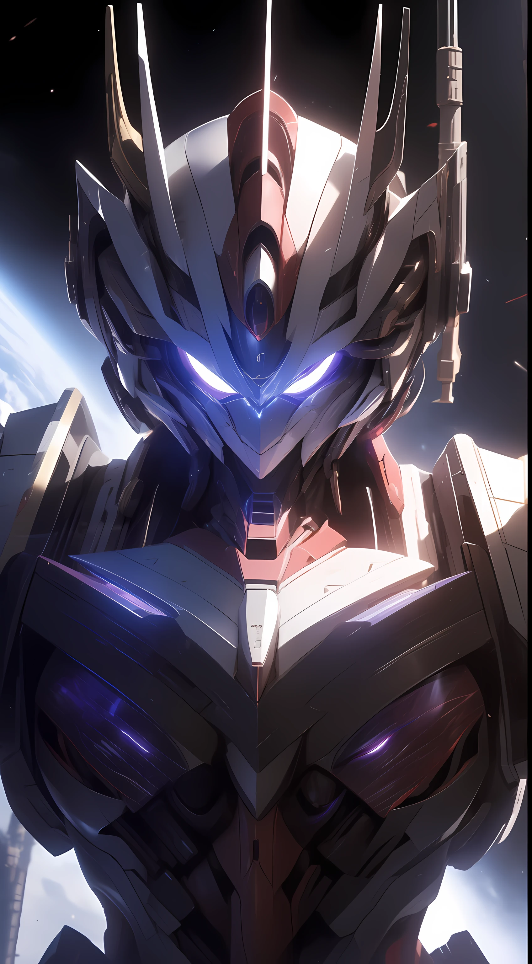 Masterpiece, highest quality, 8k, realistic details, full of sci-fi elements, cyberpunk, 1 woman wearing a Gundam mech, purple glowing eyes, detailed mecha patterns, half-body perspective, in space