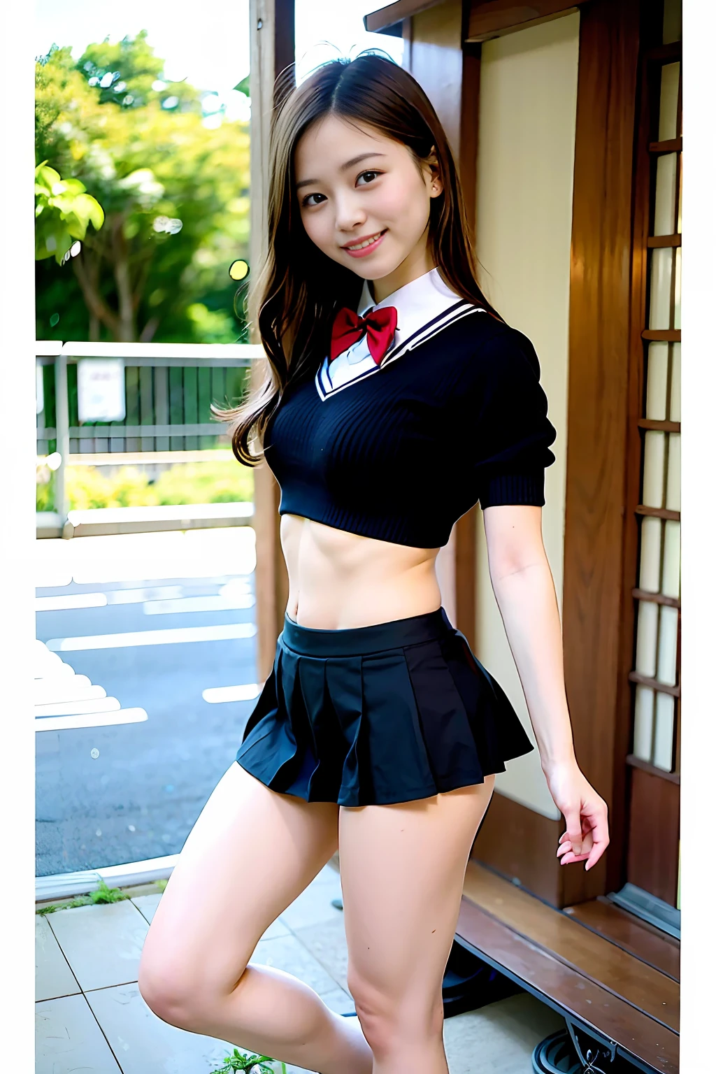 Super high image quality, natural brightness, natural light, beautiful girl, smile, black hair, long hair, Japan high school girl, uniform, mini skirt, whole body, beautiful skin type, station platform, beautiful legs, dance, open legs,