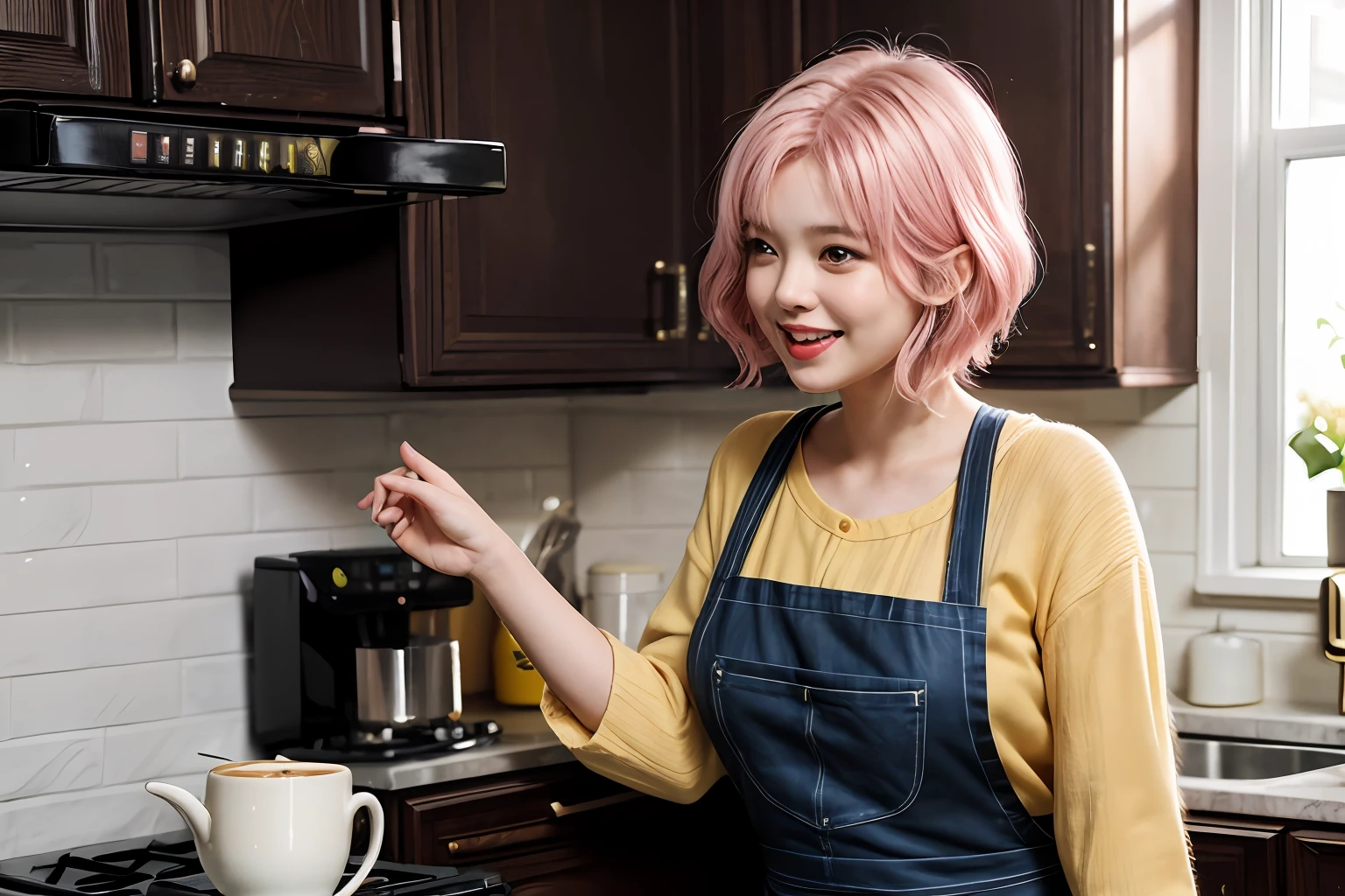 Masterpiece, best quality, 2girl, (girl1: slender,slim,beautiful,taller,short pink hair,wearing yellow clothes), BREAK, (girl2: very fat,chubby face,beautiful,medium black hair,wearing apron), they meet in kitchen, laughing together, hold a cup of coffee