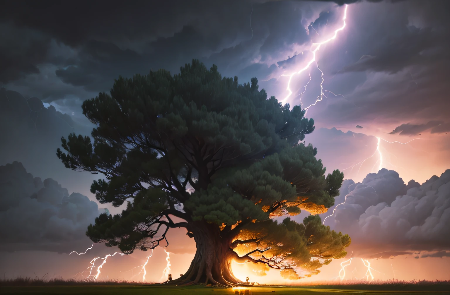 photography,yellow tree struck by strong lightning, rain, realistic image, hyper definition