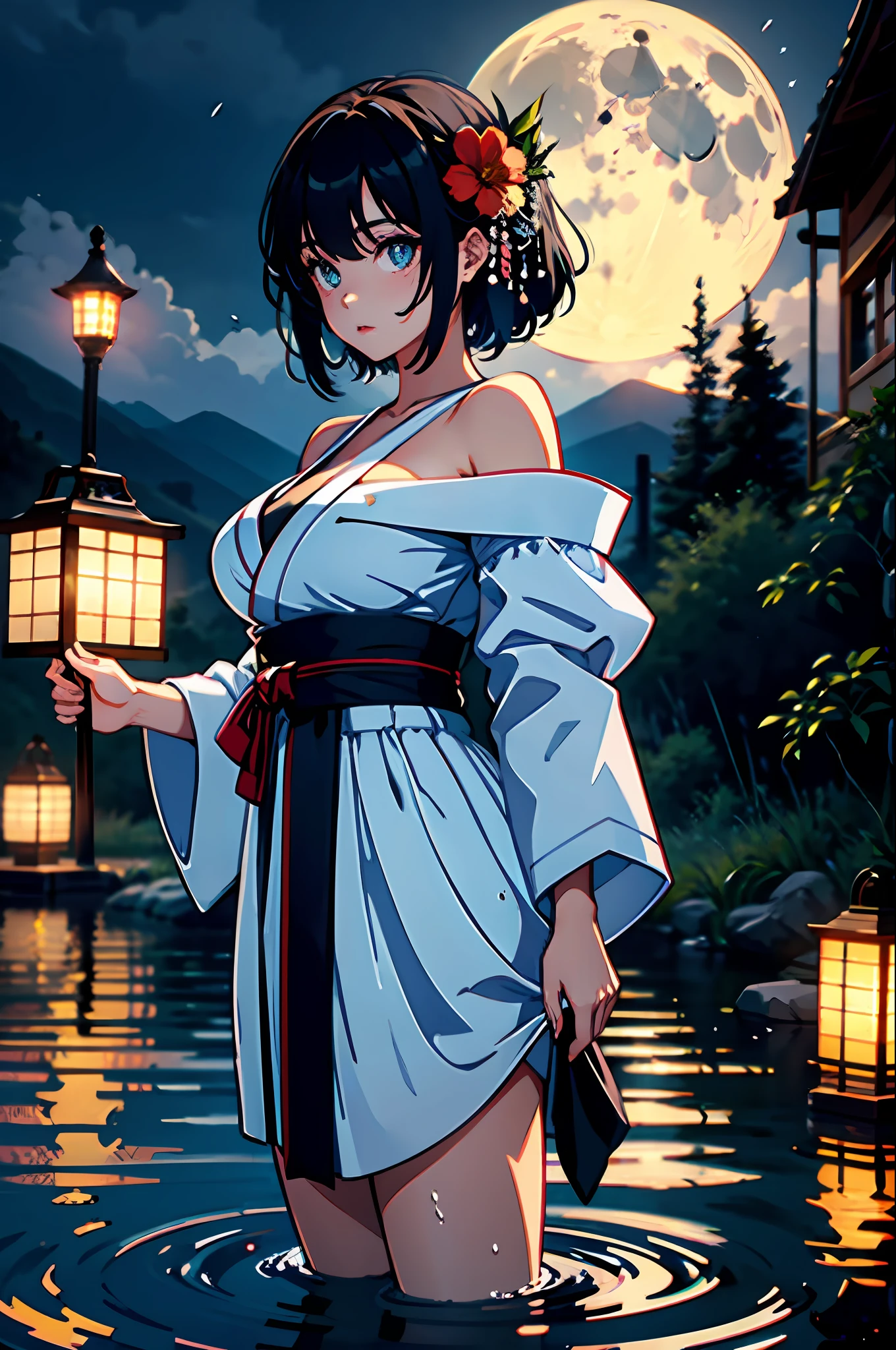 1girl, breasts, moon, lantern, night, solo, large breasts, hair ornament, wet, kimono, japanese clothes, wading, water, hair flower, flower, outdoors, sky, full moon, rain, black hair, off shoulder, mountain, cloud, holding, sash, bare shoulders, paper lantern, standing, white kimono, night sky, sideboob, obi, wet clothes, bangs, tree, from side, reflection, short hair, cloudy sky, wet hair (((masterpiece),(extremely detailed CG unity 8k wallpaper),best quality,,solo,1girl,cinematic lighting,detailed background,beautiful detailed eyes,bright pupils, (an extremely delicate and beautiful),(Beautiful and detailed eye description)， ultra-detailed,masterpiece,)),