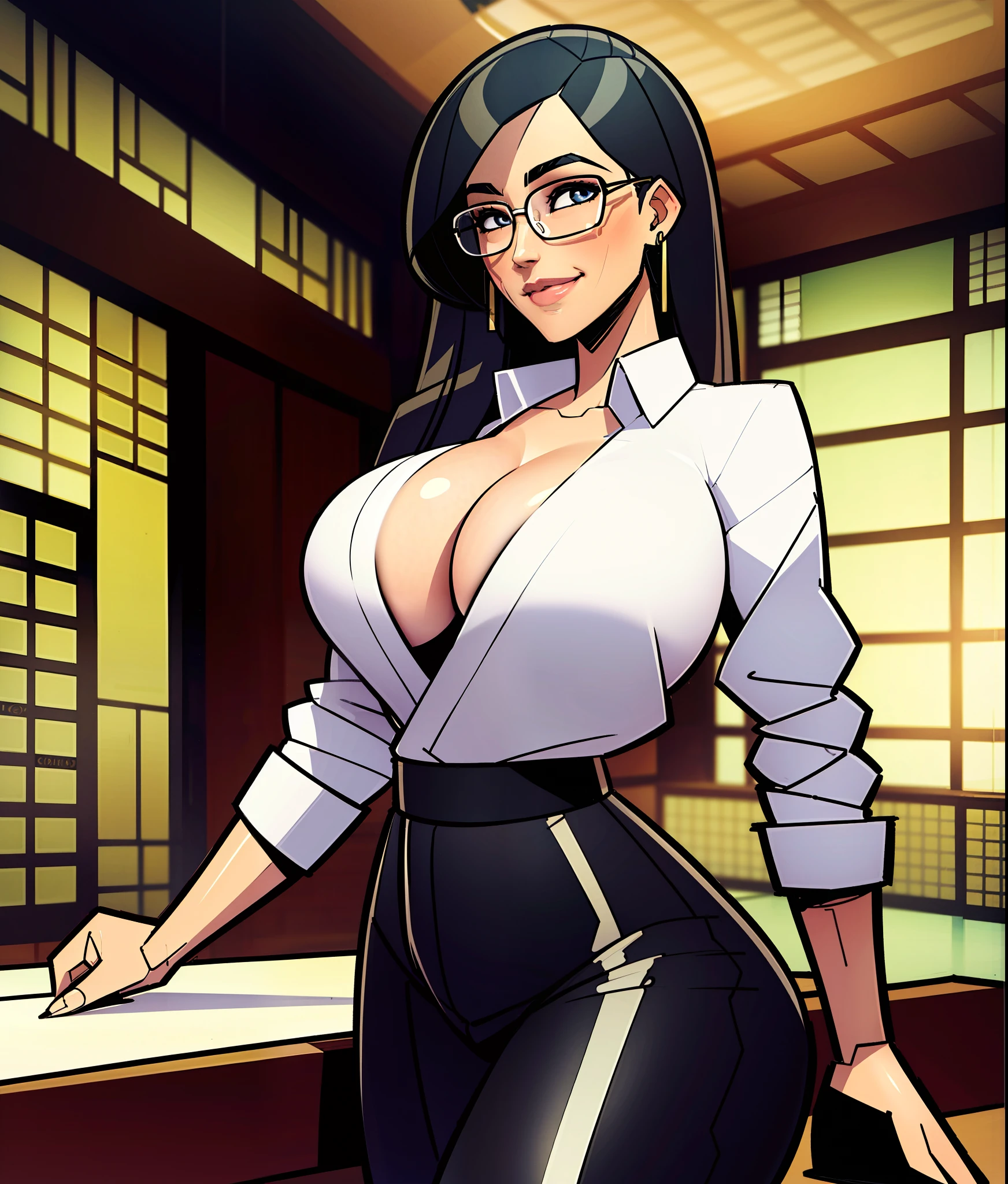 Japanese Milf, single business woman with big breasts, black hair, blue eyes, earrings, big neckline, big breasts, aesthetic hips, glasses, thick lips, small nose, tight long pants, high heels, marked, big smile, beautiful woman, comic drawing style, white shirt, breasts protrude from lingerie, horse tail, full body