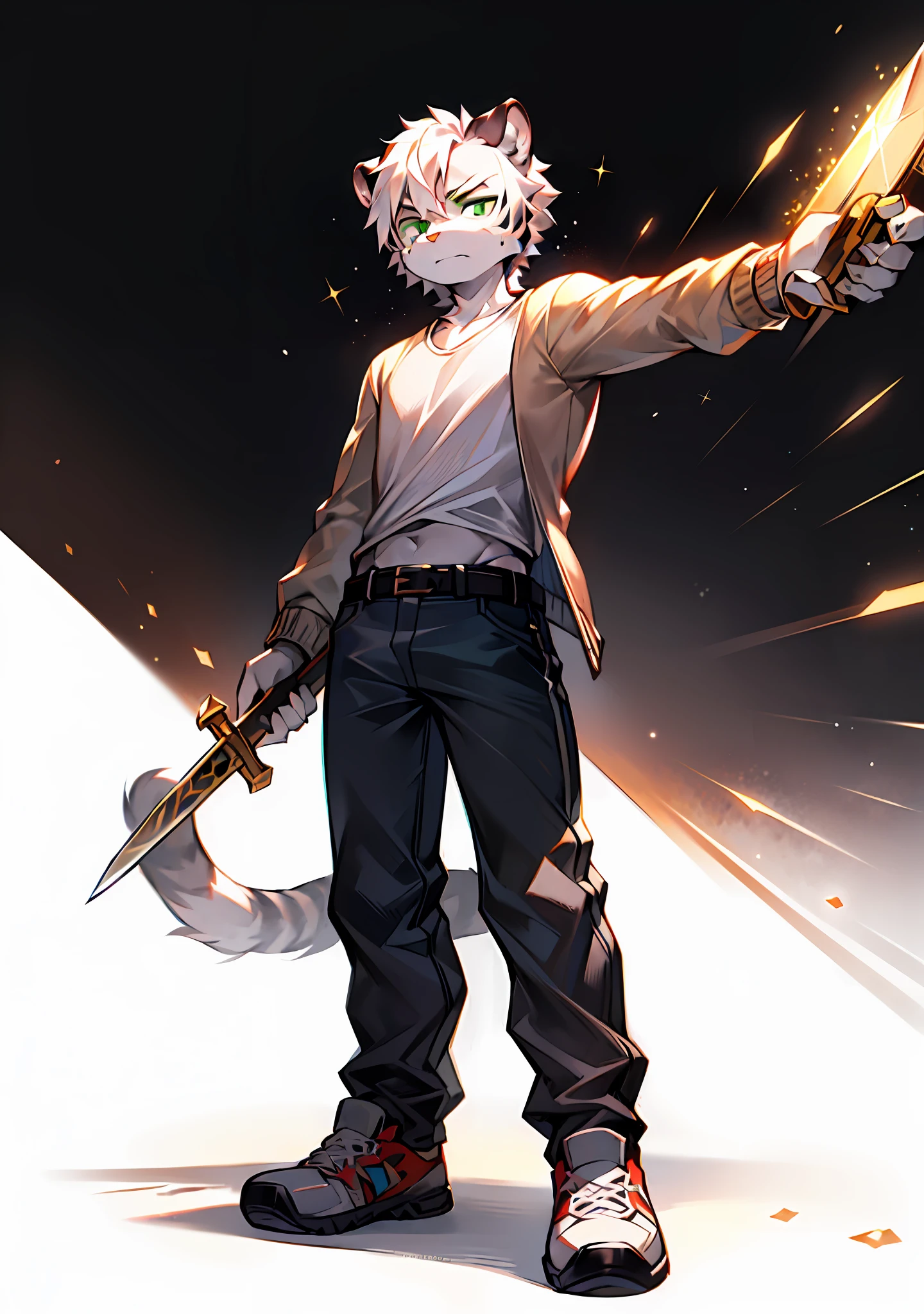 masterpiece, high quality, abstract res, gray fur, green eyes, clear and shiny eyes, immature eyes, white hair, black and white hair, male, youth, white tiger, strong, young, solo, mature, belt, loose gray trousers, light t-shirt, waist jacket, sneakers, standing, (parry, serious, firm eyes, calm, sad, silent, shut up: 1.2), close-up, (silver-white sword, raised sword, Single Held Sword, Sword Practice: 1.2), Minimalist Style, Particles, Dynamic, Mars Splash, 8K, Fierce Wind, Bust, Ink, Shadow, Simple White Background, Realistic, Complex, Close Range.