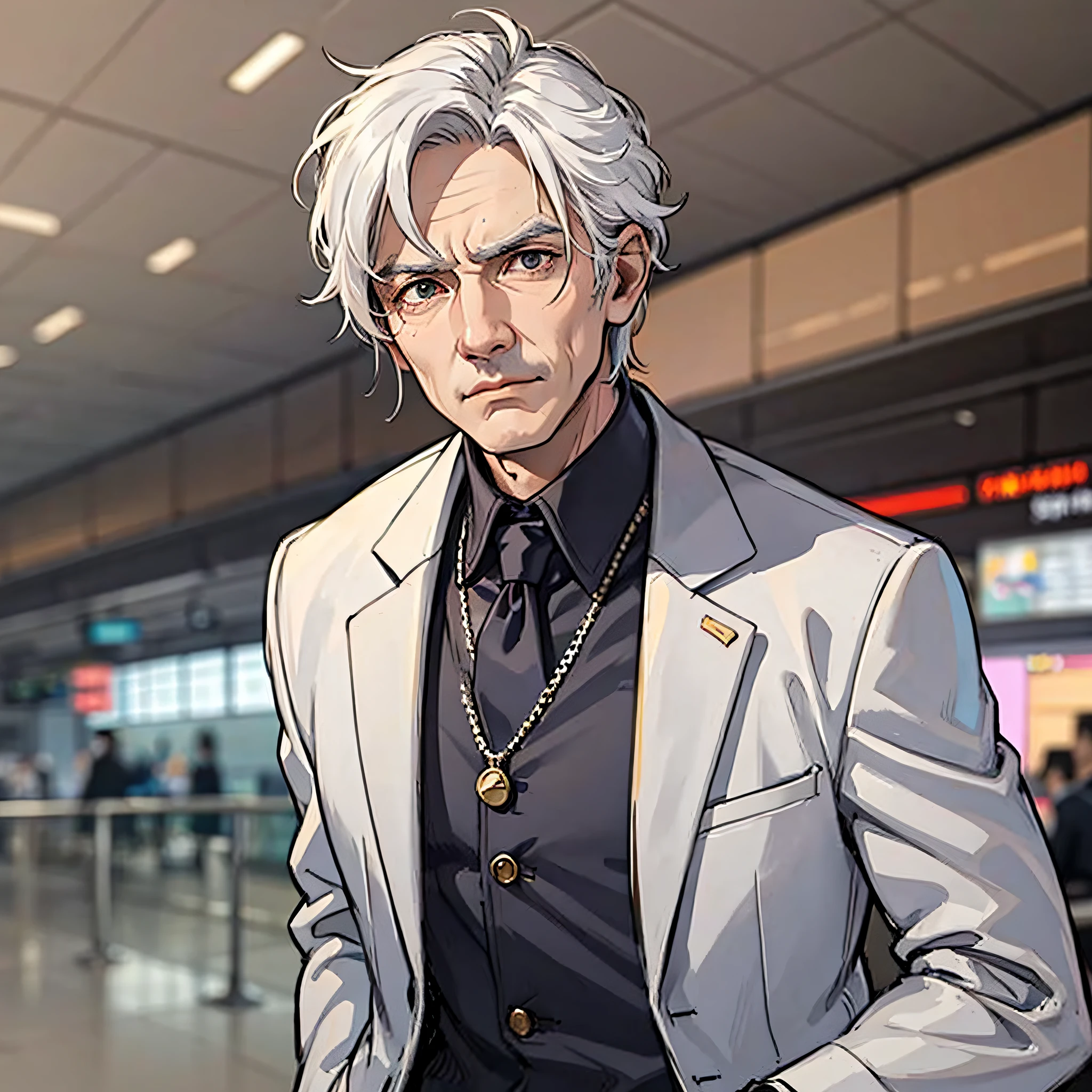 An old man with white hair, wearing a white suit, wrinkles, serious expression, the background is the airport