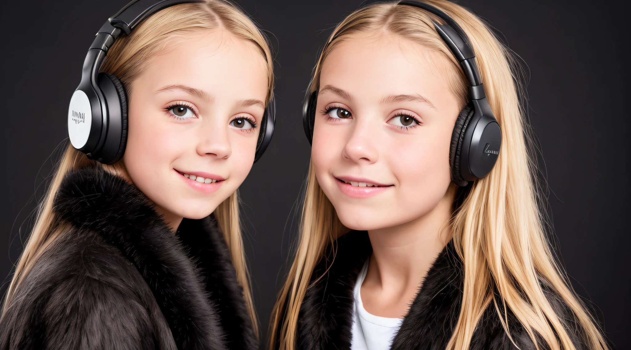 GIRL CHILD DARK HAIR, RUSSIAN STYLE HEADPHONES, BLACK FUR COAT, MESSY SHOULDER LENGTH BLONDE HAIR, RED BACKGROUND, BROWN EYES, HAPPY, CLEAN DETAILED FACES, INTRACATE CLOTHES, ANALOGOUS COLORS, BRIGHT SHADOWS, BEAUTIFUL GRADIENT, DEPTH OF FIELD, CLEAN IMAGE, HIGH QUALITY, HIGH DETAIL, HIGH DEFINITION, LUMINOUS STUDIO GRAPHICS ENGINE, BEAUTIFUL FACE