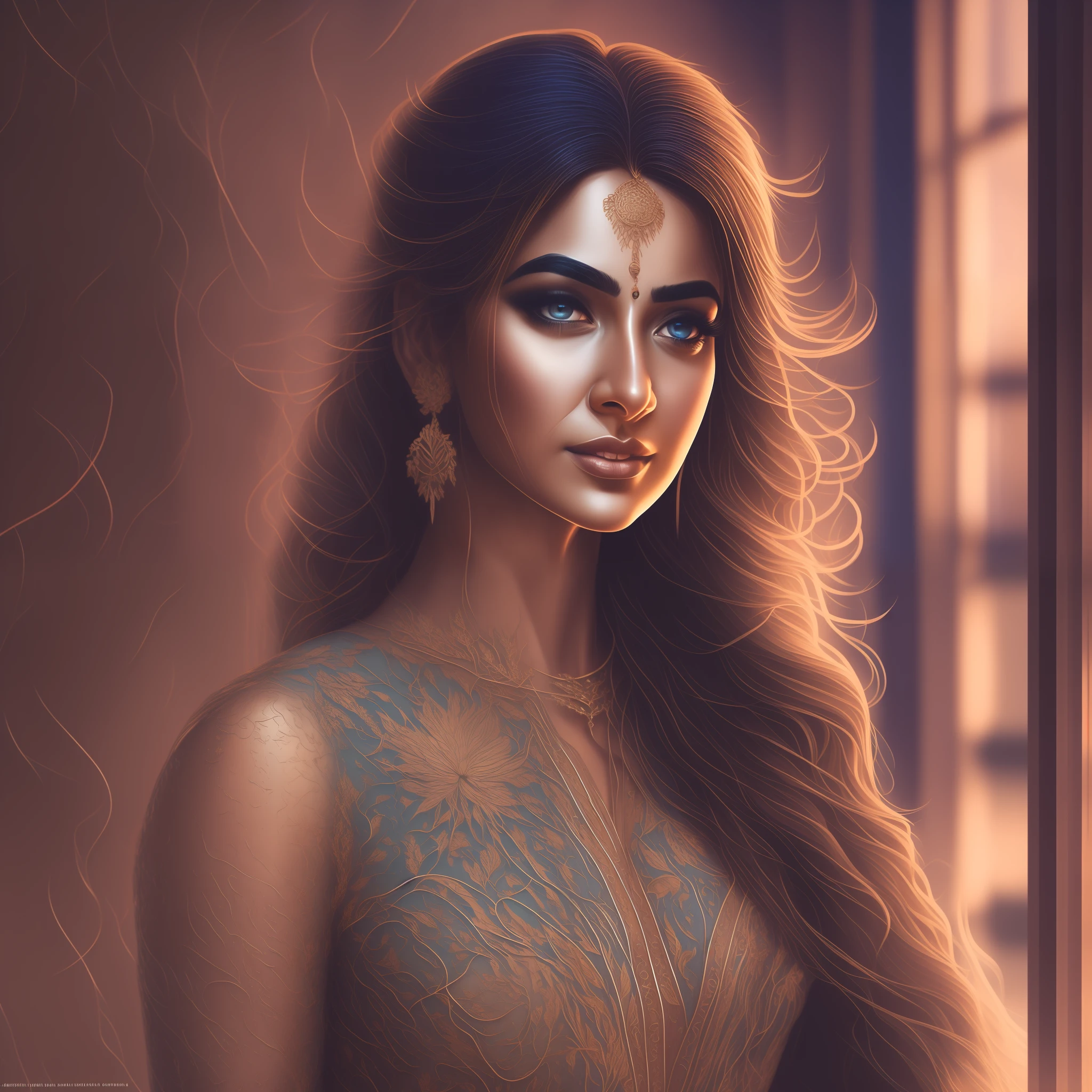 Bollywood actress in the style of Alexandr Averin, dreamy, dark cyan and red, i can't believe how beautiful this is, serene atmosphere, ethereal light, epic realistic, illustrated by herg, style of Alois Arnegger, pen and ink,art by greg rutkowski and artgerm, soft cinematic light,hdr, intricate, highly detailed, (depth of field:1.4), faded, (neutral colors:1.2), (hdr:1.4), (muted colors:1.2), hyperdetailed, (artstation:1.4), cinematic, warm lights, dramatic light, (intricate details:1.1), complex background, (rutkowski:0.66), (teal and orange:0.4), (intricate details:1.12), hdr, (intricate details, hyperdetailed:1.15) (skin texture:1.2)