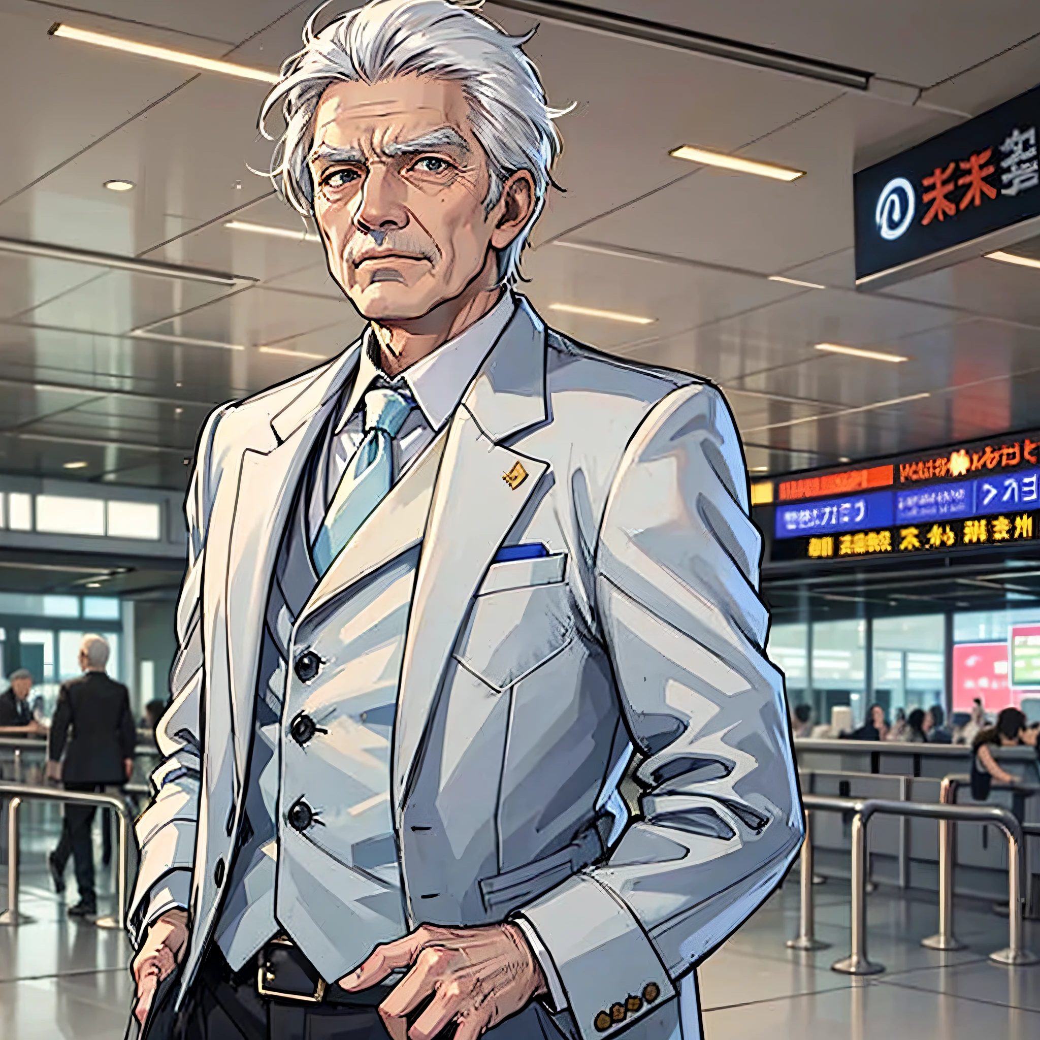 An old man with white hair, wearing a white suit, wrinkles, serious expression, the background is the airport