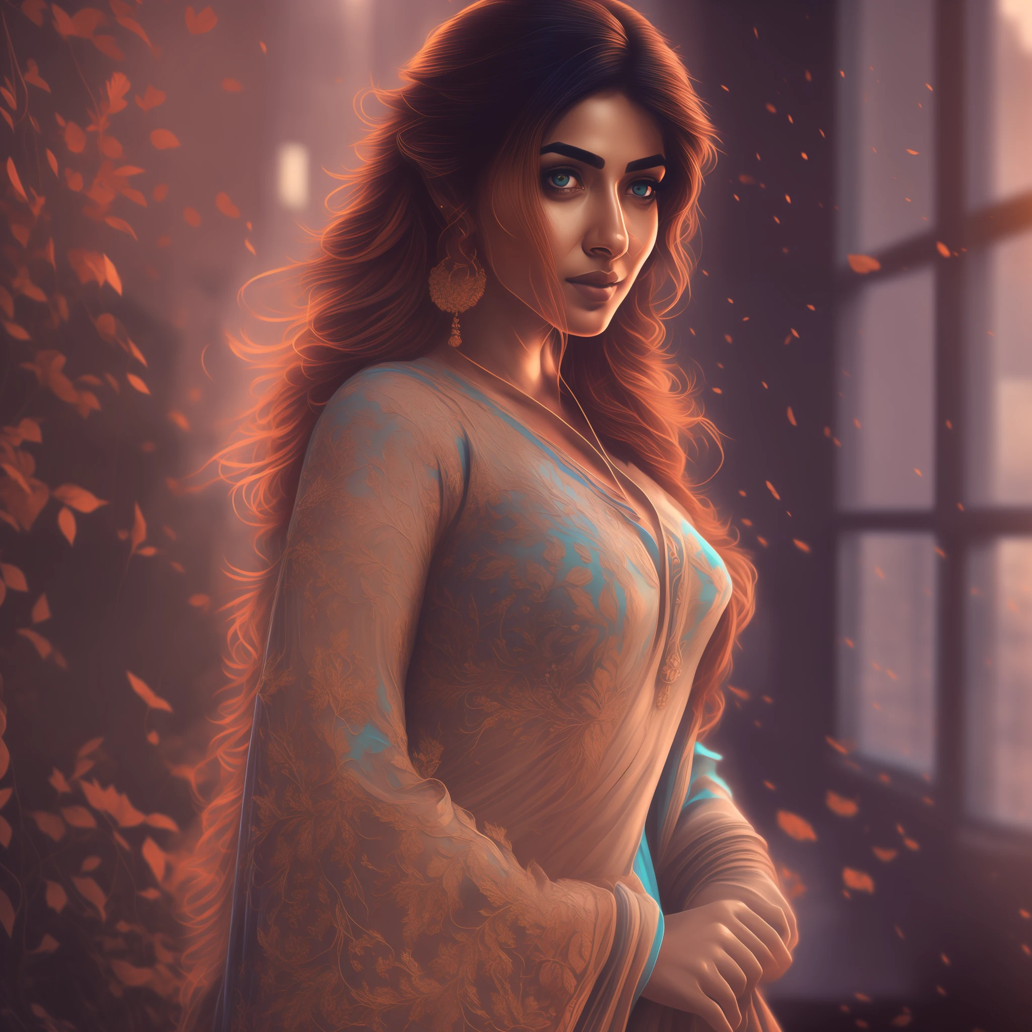 Bollywood actress in the style of Alexandr Averin, dreamy, dark cyan and red, i can't believe how beautiful this is, serene atmosphere, ethereal light, epic realistic, illustrated by herg, style of Alois Arnegger, pen and ink,art by greg rutkowski and artgerm, soft cinematic light,hdr, intricate, highly detailed, (depth of field:1.4), faded, (neutral colors:1.2), (hdr:1.4), (muted colors:1.2), hyperdetailed, (artstation:1.4), cinematic, warm lights, dramatic light, (intricate details:1.1), complex background, (rutkowski:0.66), (teal and orange:0.4), (intricate details:1.12), hdr, (intricate details, hyperdetailed:1.15) (skin texture:1.2)