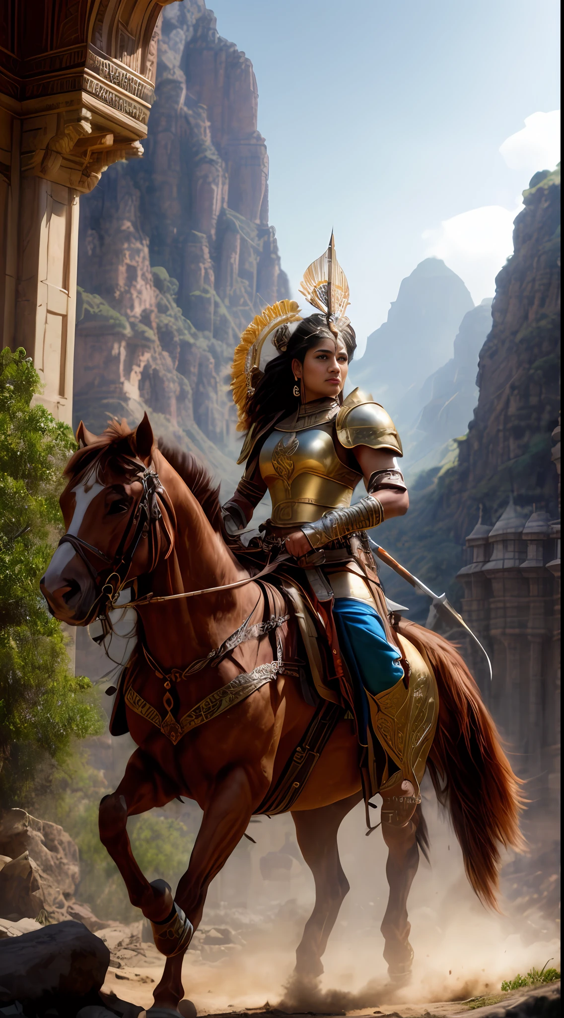 (masterpiece, UHD, digital art, detailed:1.3), Rani Abbakka Chowta, indomitable warrior queen, (elaborate armor with intricate motifs:1.2), steadfast gaze, leading her valiant troops into a 16th-century Indian battlefield, (inspired by realistic art by Gaston Bussiere and Greg Rutkowski:1.4), immersive depiction, diverse landscapes, swirling dust, traditional weaponry, dynamic action, warm colors, vibrant details, realistic textures, atmospheric lighting, top-down perspective, diagonal shot, looking out with unwavering determination.
