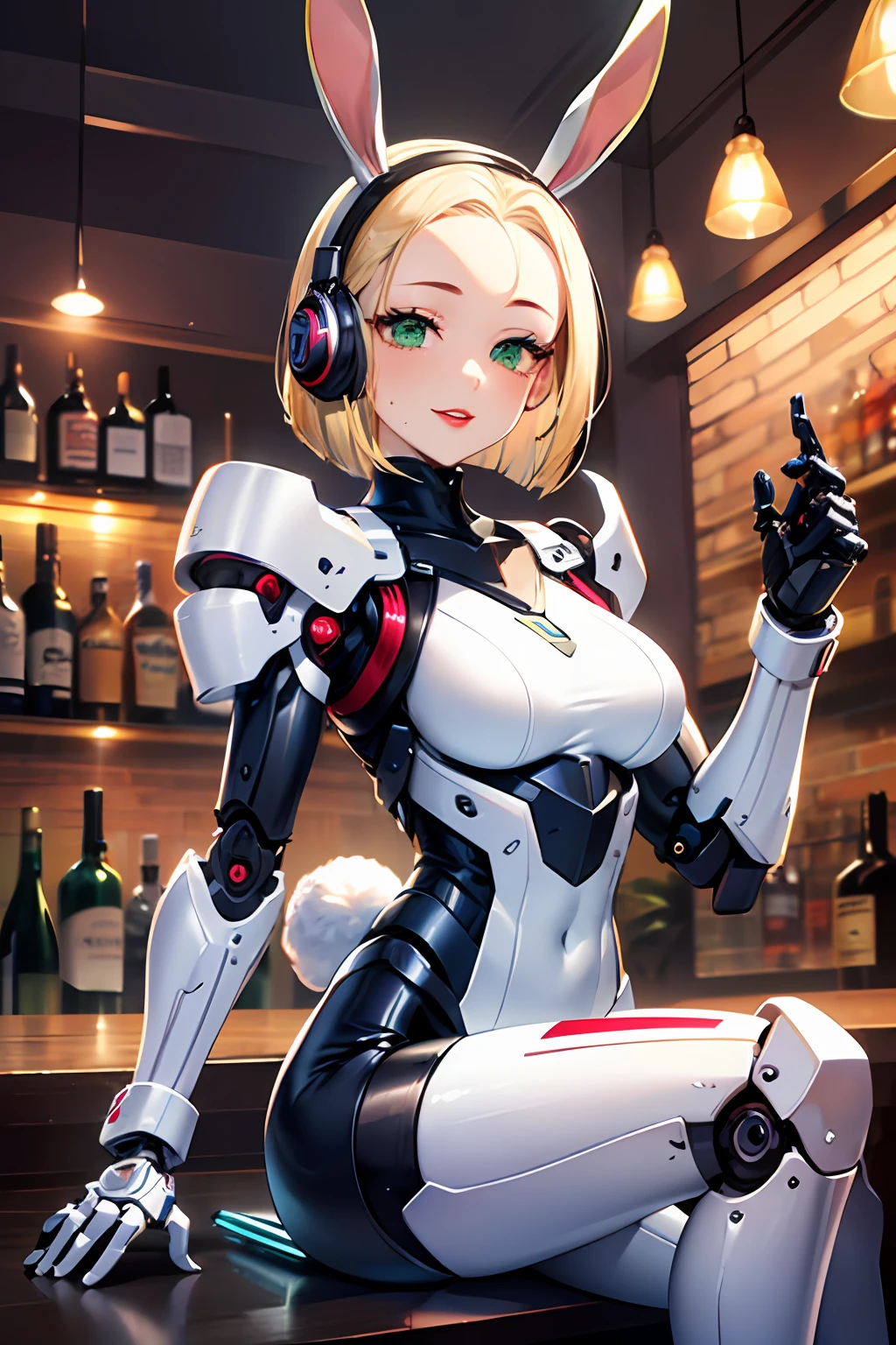 Top quality, masterpiece, fine detail, super detailed, accurate depiction, highly detailed 8k wallpaper, beautiful mechanical woman, solo, (half closed eyes, green eyes), seductive smile, (sexy mechanical woman: 1.3), five perfect fingers, (white exoskeleton suit: 1.1), (mechanical joints, echanical arms, mechanical legs: 1.4), (exposed shoulders, exposed armpits, exposed thighs), (long eyelashes, red lips), rabbit ears, rabbit tail, headphone, (blonde hair, one length, bob cut), (forehead:1.4), cyberpunk, (bar), counter, wine, whiskey, bourbon,