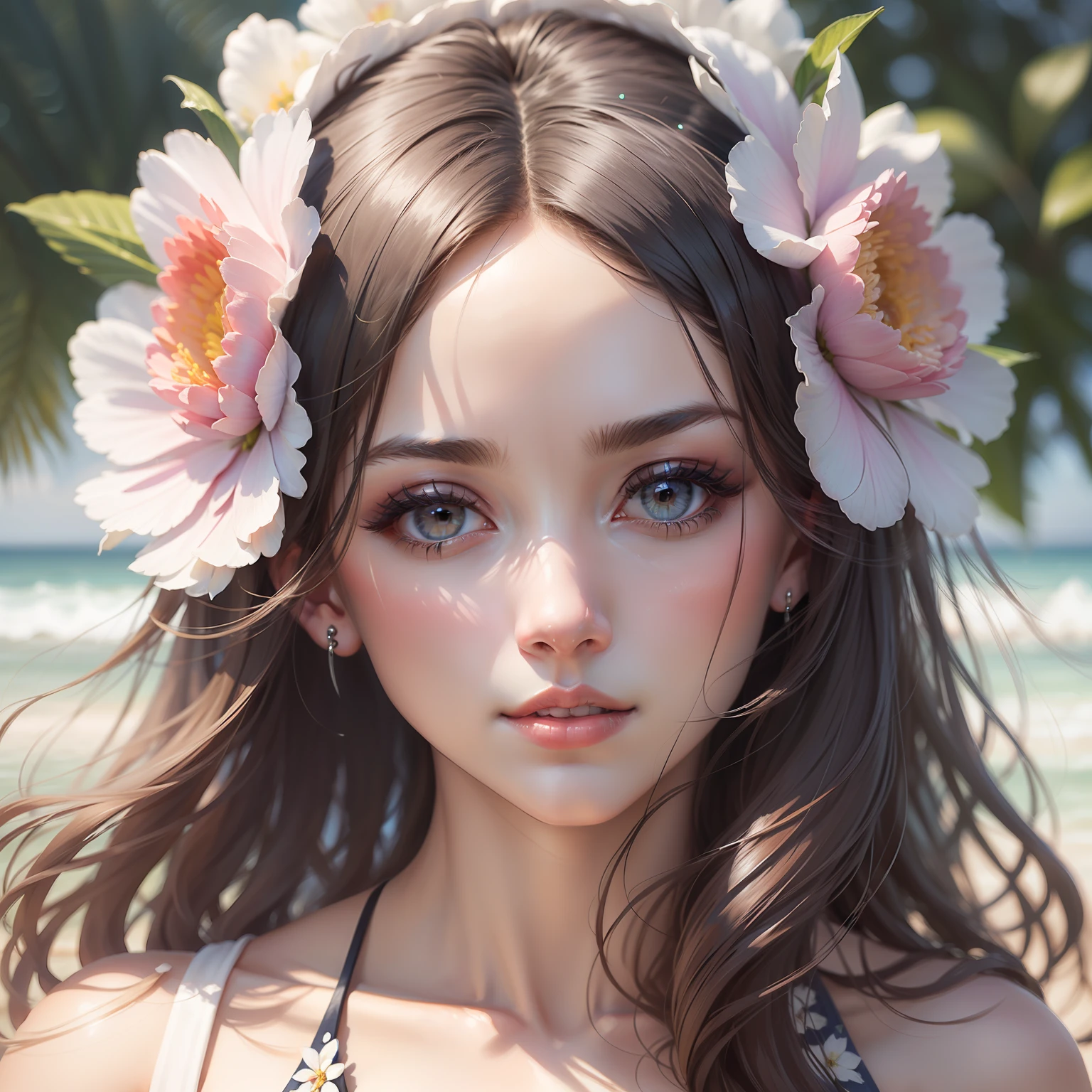 (Best Quality), (Masterpiece), (Beautiful Female Portrait: 1.5), Sharp Focus, (Elegant Shades, Pastel Colors), Cute Look, Mature Beautiful Face, Elegant Dress, Summer Sea Background, Watercolor
